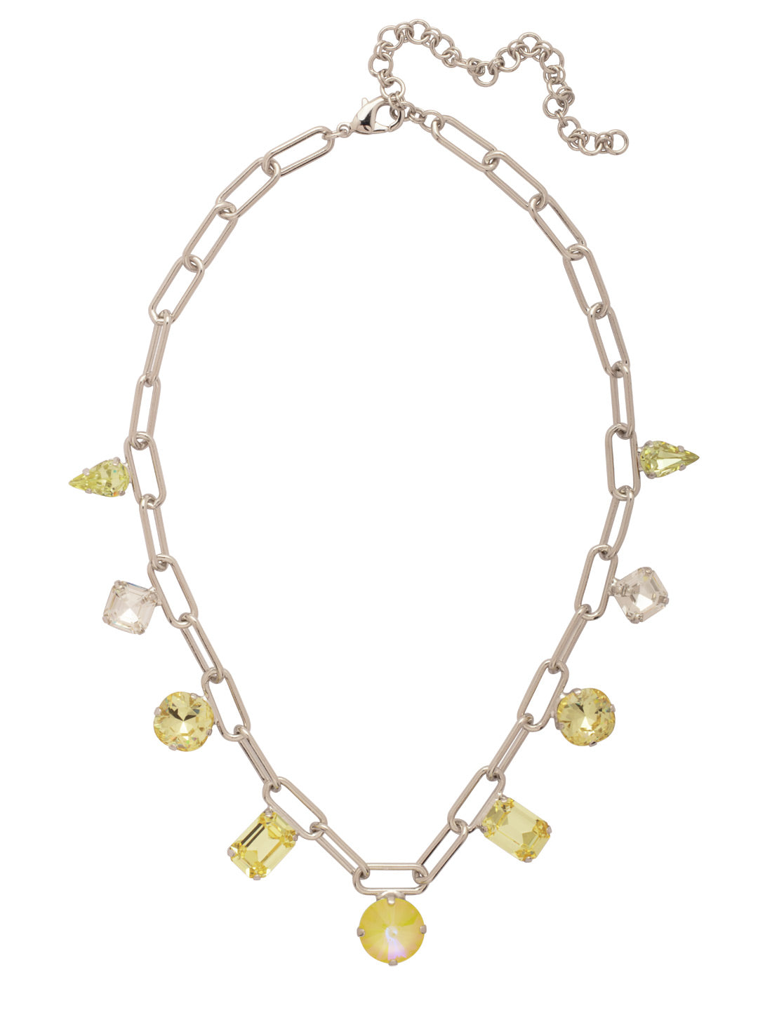 Kelly Tennis Necklace - NFT1PDLZ - <p>The Kelly Tennis Necklace features a bold chunky paperclip chain adorned with an array of assorted-cut crystals, creating a striking and modern look. Adjustable for the perfect fit, this necklace is secured with a lobster claw clasp, making it a versatile statement piece for any occasion. (17-21 inches) From Sorrelli's Lemon Zest collection in our Palladium finish.</p>