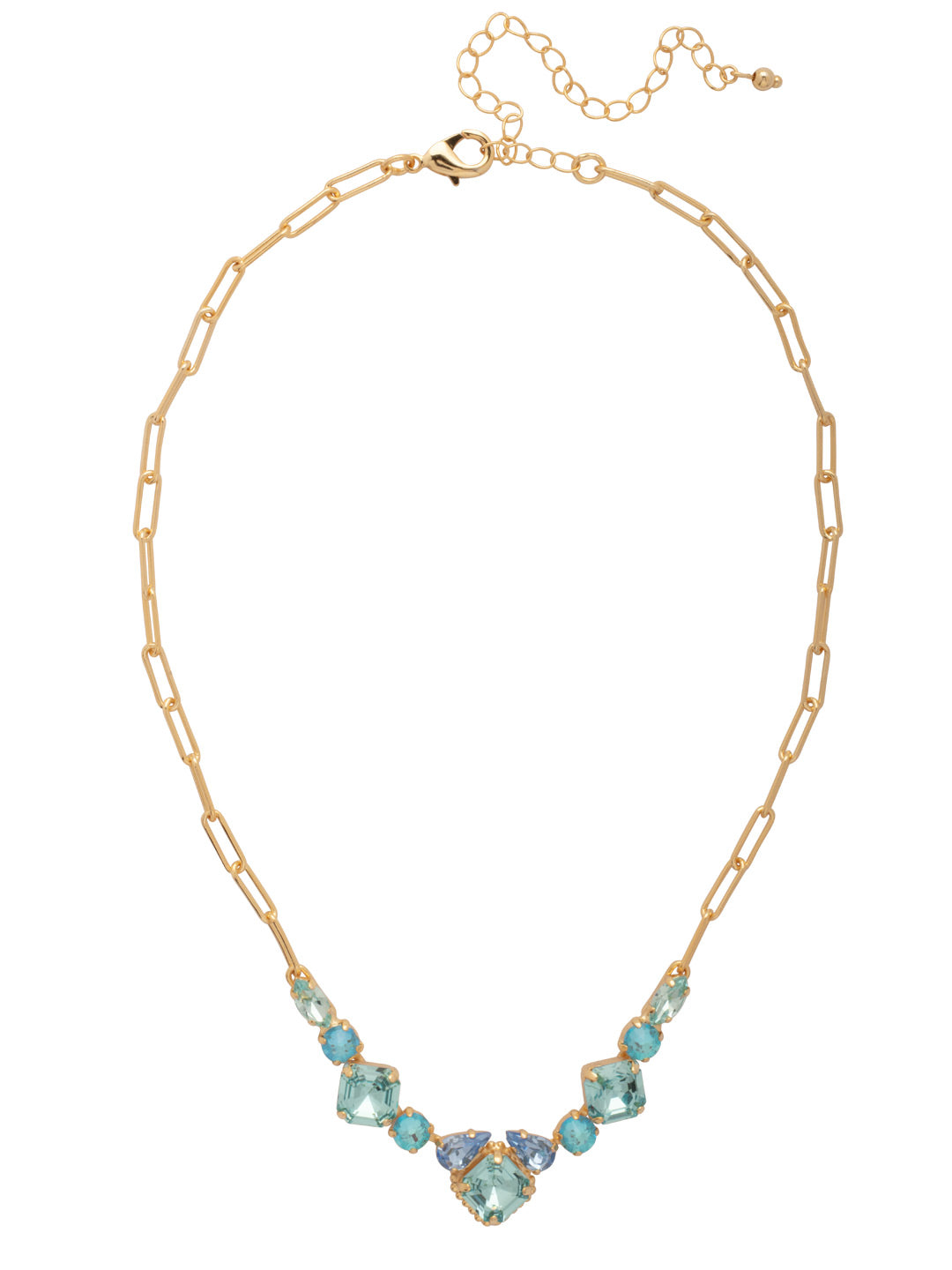 Izzy Tennis Necklace - NFY40BGOC - <p>The Izzy Tennis Bracelet features imperial fancy square, round, and pear cut crystals on an adjustable paperclip chain, secured with a lobster claw clasp. (16-20 inches) From Sorrelli's Ocean collection in our Bright Gold-tone finish.</p>