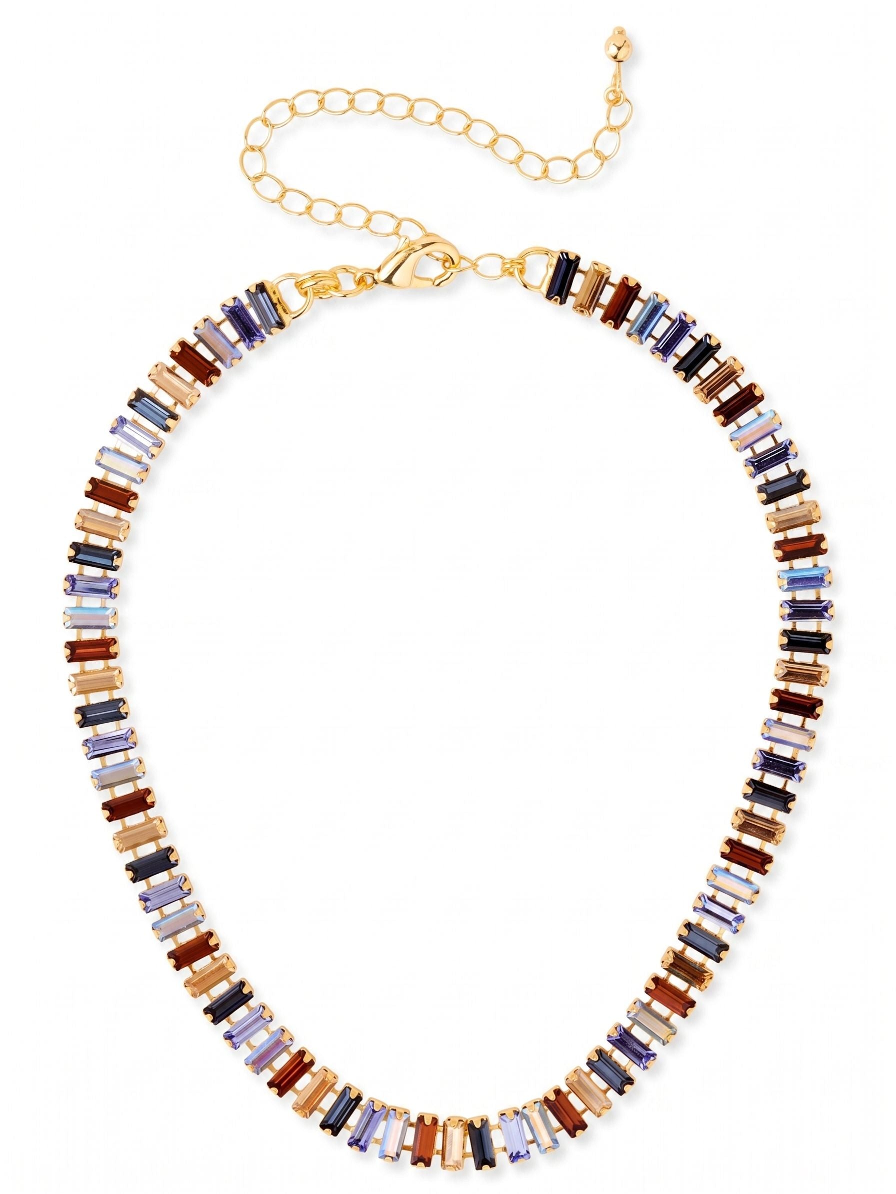 Bianca Choker Tennis Necklace - NFY55BGDNM - <p>A tightly linked ribbon of baguette-cut crystals wraps high around the collarbone, creating a tailored, structured look that still moves fluidly. The repeating pattern alternates between cool deep sapphire tones and warm golden amber, catching the light in solid geometric flashes rather than scattered sparkles. The flexible channel-set design conforms naturally to the contours of your neckline. It brings a grounded, architectural presence to a simple white button-down or an evening blazer.</p><ul>
<li>Repeating pattern of cool sapphire and warm topaz baguette crystals</li>
<li>Flexible channel-set chain construction creates a fluid drape</li>
<li>Lobster claw clasp</li>
<li>4-inch adjustable extension chain</li>
<li>Protective e-coat finish for lasting wear</li>
<li>Includes signature organza pouch for gifting and travel</li>
</ul>