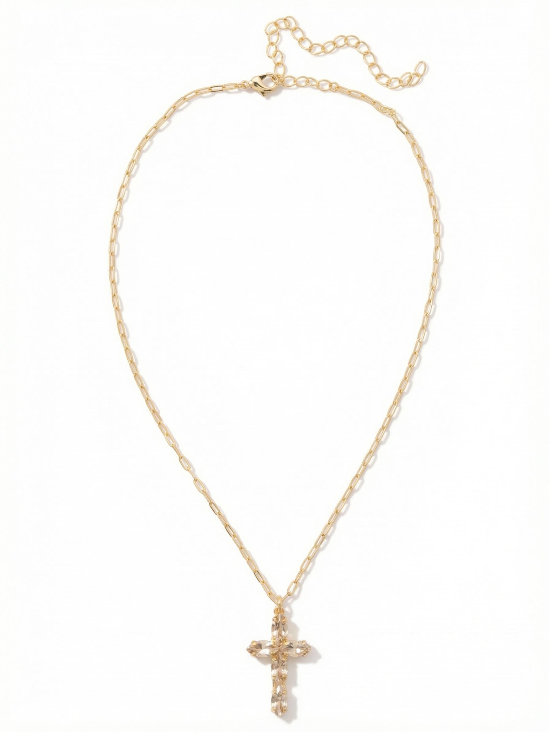 Clarissa Cross Pendant Necklace - NFY9BGCRY - <p>Five clear marquise-cut crystals come together to form a delicate cross pendant that rests lightly against the collarbone. The elongated stones create an open, airy design that catches the light softly as you move. Suspended from a slender, open-link chain, this piece brings a quiet presence to your neckline. An included extension chain allows you to easily adjust the drop, making it simple to coordinate with different necklines or layer alongside other favorite pieces.</p><ul>
<li>Elongated marquise crystals form a delicate cross motif with an airy feel</li>
<li>Slender open-link chain provides modern contrast to the classic arrangement</li>
<li>Lobster claw clasp</li>
<li>4-inch adjustable extension chain</li>
<li>Protective e-coat finish for lasting wear</li>
<li>Includes signature organza pouch for gifting and travel</li>
</ul>