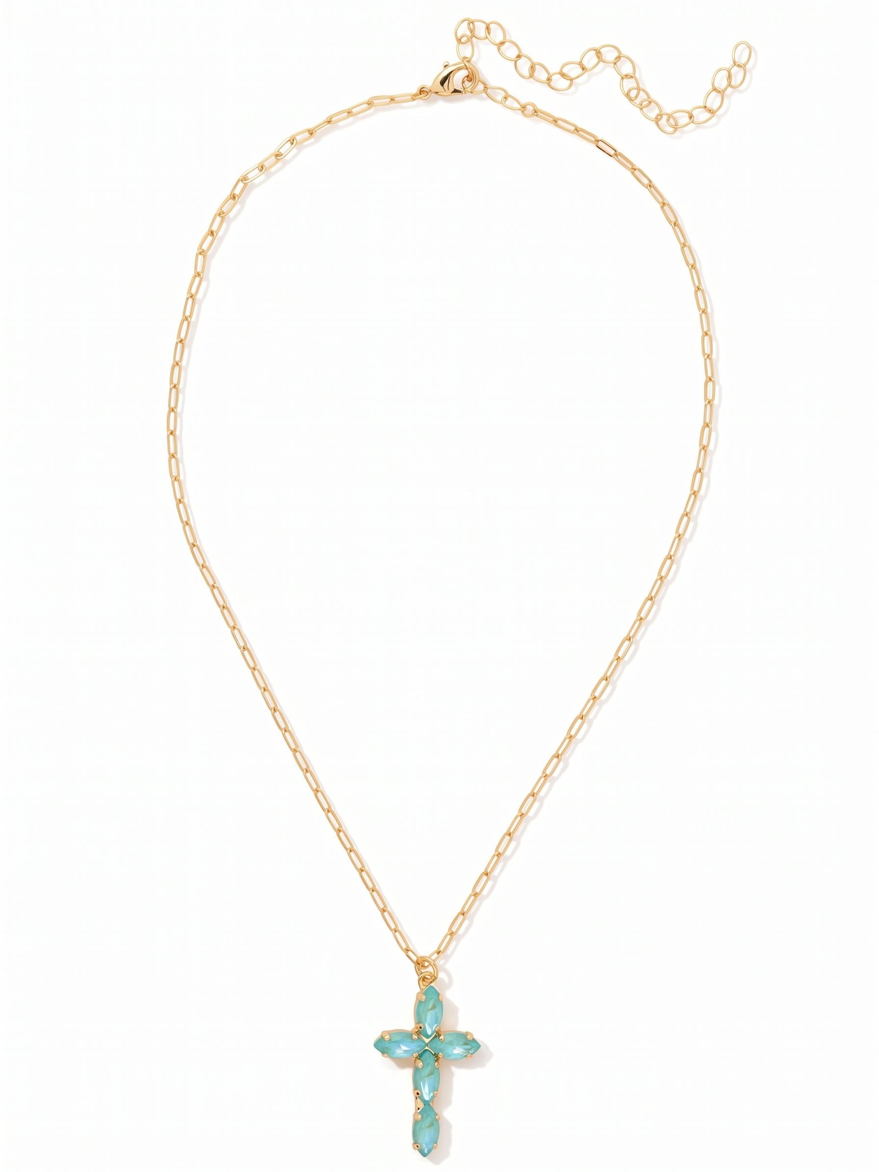 Clarissa Cross Pendant Necklace - NFY9BGSBD - <p>Five slender marquise crystals form the shape of this delicate cross pendant. The pale blue stones catch light with a quiet clarity, anchoring the piece with subtle color. An open link chain keeps the focus entirely on the pendant, while an extension chain lets you adjust the drop to suit your neckline. It layers naturally with your everyday jewelry but holds enough presence to stand on its own.</p><ul>
<li>Five marquise-cut crystals arranged in a clean cross silhouette</li>
<li>Suspended on a fine open link chain</li>
<li>Lobster claw clasp</li>
<li>4-inch adjustable extension chain</li>
<li>Protective e-coat finish for lasting wear</li>
<li>Includes signature organza pouch for gifting and travel</li>
</ul>