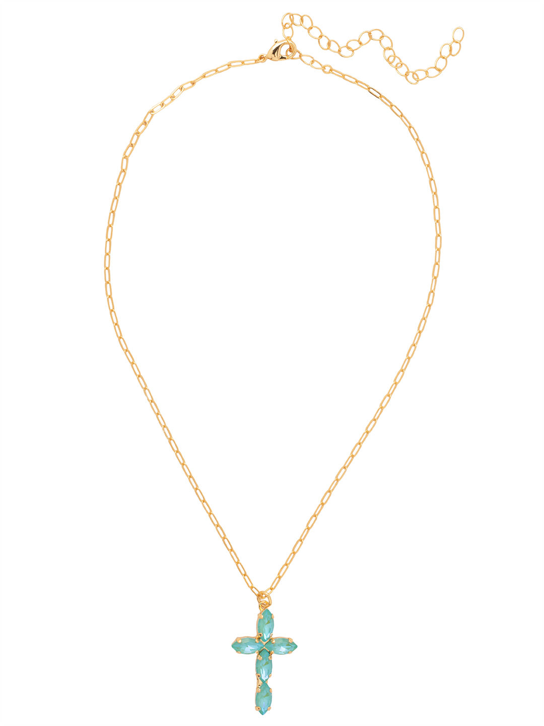 Clarissa Cross Pendant Necklace - NFY9BGSBD - <p>The Clarissa Cross Pendant Necklace features a pendant of navette-cut crystals in the shape of a cross, with a 4 inch extension chain and secured with a lobster claw clasp. (16-20 inches) From Sorrelli's Summer Blue Delite collection in our Bright Gold-tone finish.</p>