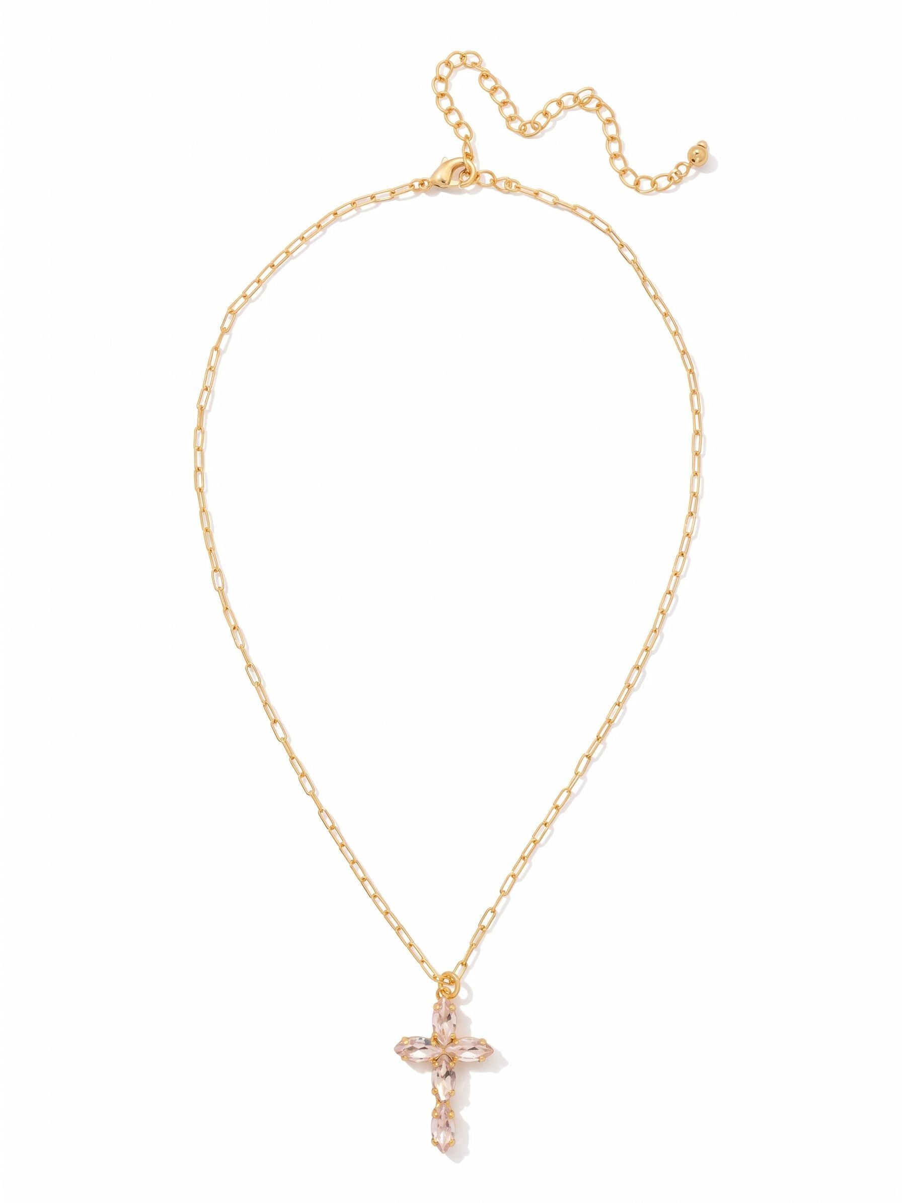 Clarissa Cross Pendant Necklace - NFY9BGSIL - <p>Five slender marquise crystals form a delicate cross pendant that rests quietly below the collarbone. The soft blush tones bring a warm light to the neckline, suspended from a slender link chain that feels practically weightless. An integrated extension chain allows you to adjust the drop, making it easy to wear slightly lower with an open neckline or shorter against a collar. It is a personal piece that layers naturally or stands alone with ease.</p><ul>
<li>Cross pendant formed by intersecting marquise-cut crystals</li>
<li>Lightweight open-link chain designed for effortless layering</li>
<li>Lobster claw clasp</li>
<li>4-inch adjustable extension chain</li>
<li>Protective e-coat finish for lasting wear</li>
<li>Includes signature organza pouch for gifting and travel</li>
</ul>