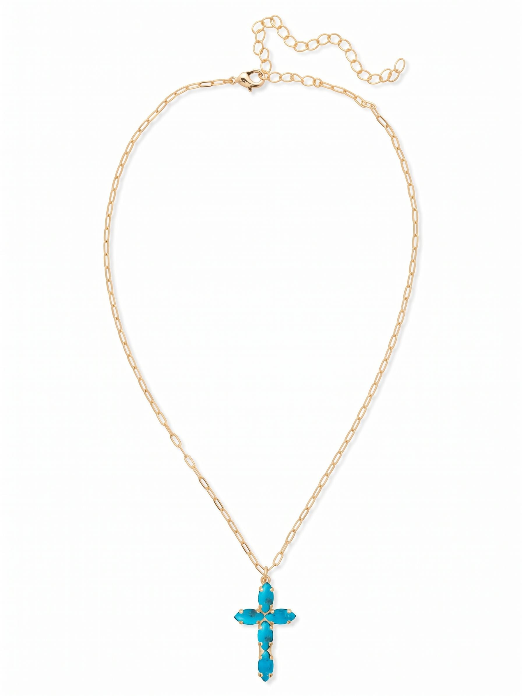 Clarissa Cross Pendant Necklace - NFY9BGTQ - <p>Five elongated marquise-cut stones form a structured cross pendant that drops cleanly against the collarbone. Suspended from an airy paperclip chain, the bright turquoise-hued stones offer a vivid wash of color set within warm gold tones. The slender profile makes it an easy piece to layer with shorter chains, though it holds enough visual weight to wear alone. An adjustable extension chain lets you place the pendant exactly where you want it.</p><ul>
<li>Five marquise-cut stones arranged into a slender cross silhouette</li>
<li>Suspended from an open elongated paperclip chain</li>
<li>Lobster claw clasp</li>
<li>4-inch adjustable extension chain</li>
<li>Protective e-coat finish for lasting wear</li>
<li>Includes signature organza pouch for gifting and travel</li>
</ul>