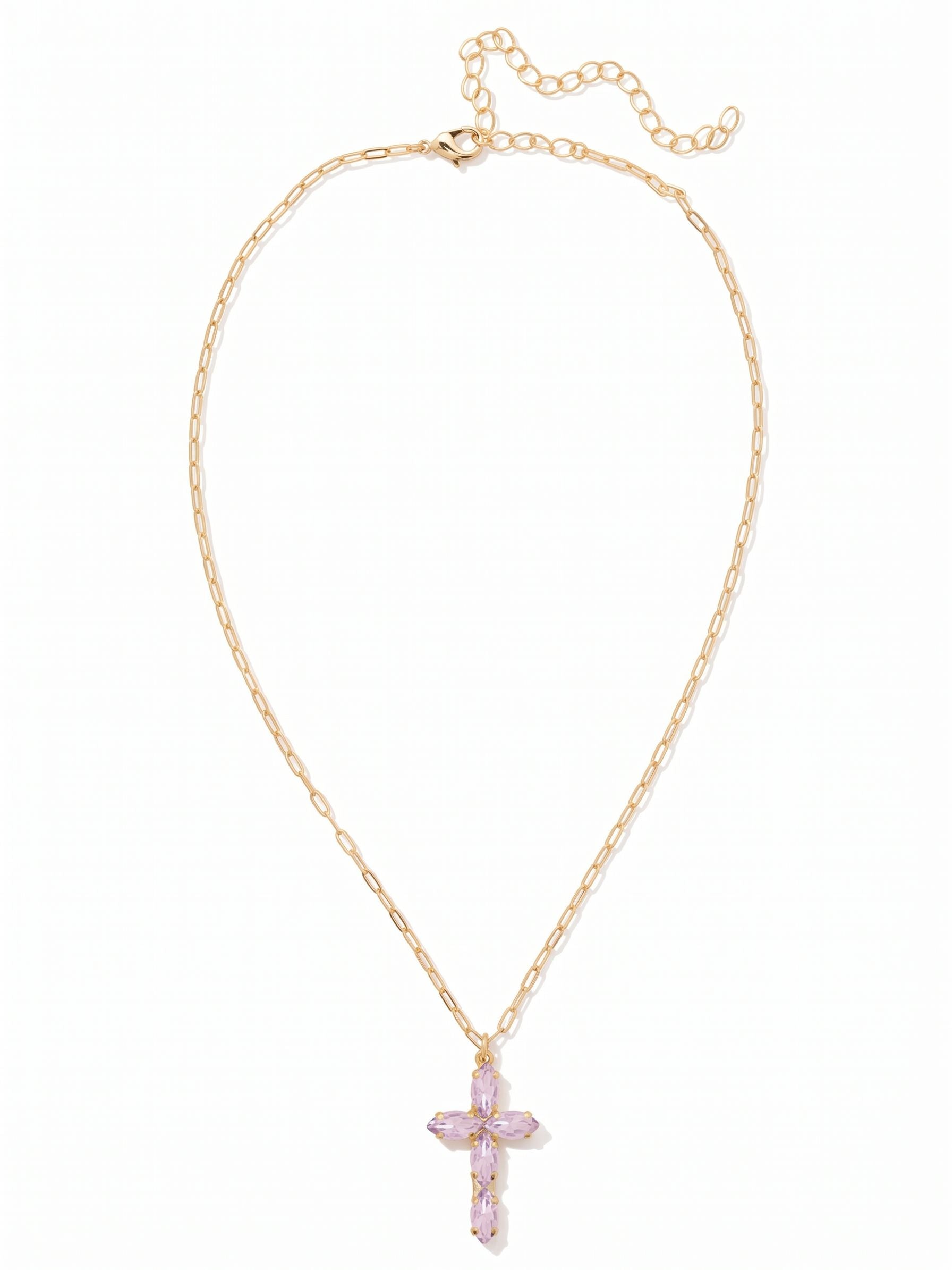 Clarissa Cross Pendant Necklace - NFY9BGVI - <p>Five pale violet marquise crystals converge to form a slender, elegant cross pendant. Suspended from an airy, elongated link chain, this necklace carries a quiet visual presence while feeling nearly weightless on the collarbone. The open chain design adds a subtle textural contrast to the smooth, light-catching facets of the crystal. An adjustable extension chain allows for precise placement, whether worn solo against the skin or layered seamlessly into an everyday rotation.</p><ul>
<li>Five marquise-cut crystals arranged in a classic cross silhouette</li>
<li>Delicate open-link chain adds subtle textural contrast</li>
<li>Lobster claw clasp</li>
<li>4-inch adjustable extension chain</li>
<li>Protective e-coat finish for lasting wear</li>
<li>Includes signature organza pouch for gifting and travel</li>
</ul>