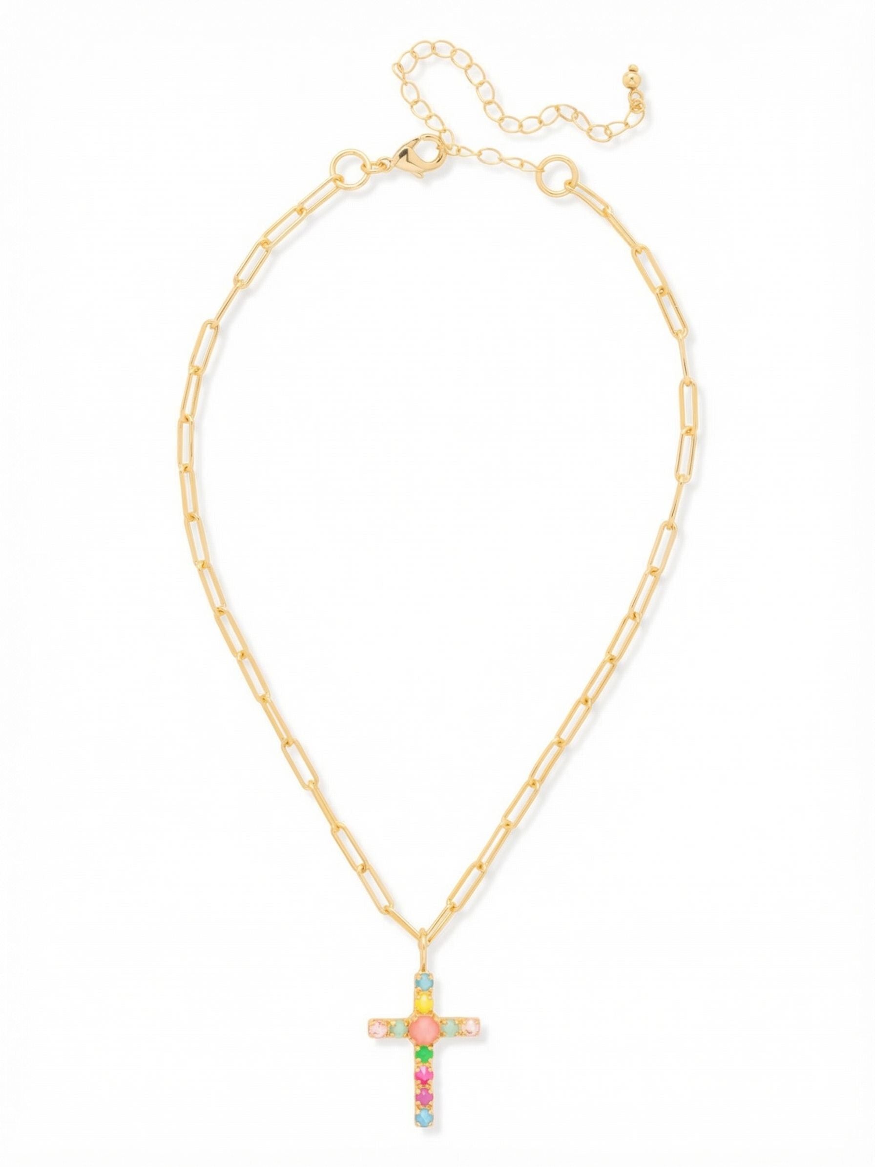 Cross Paperclip Pendant Necklace - NFZ11BGCCA - <p>A slender paperclip chain provides an airy, modern foundation for this vibrant take on a classic motif. The cross pendant gathers a spectrum of electric brights and soft pastels around a larger center crystal. Falling right at the collarbone, this necklace catches the light with every movement. It works naturally as a colorful focal point against a simple shirt, or layered into your everyday stack of chains. An extension chain lets you easily adjust the drop to suit your neckline.</p><ul>
<li>Vibrant mix of pastel and electric crystal shades anchored by a larger center stone</li>
<li>Airy paperclip chain construction with elongated links</li>
<li>Lobster claw clasp</li>
<li>4-inch adjustable extension chain</li>
<li>Protective e-coat finish for lasting wear</li>
<li>Includes signature organza pouch for gifting and travel</li>
</ul>
