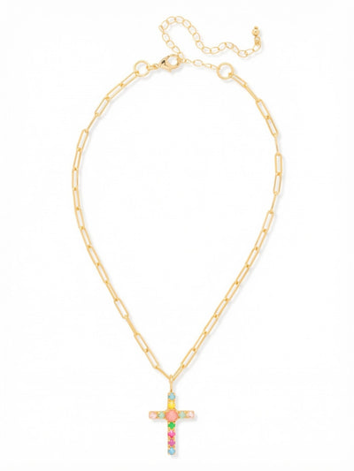 Cross Paperclip Pendant Necklace - NFZ11BGCCA - <p>A slender paperclip chain provides an airy, modern foundation for this vibrant take on a classic motif. The cross pendant gathers a spectrum of electric brights and soft pastels around a larger center crystal. Falling right at the collarbone, this necklace catches the light with every movement. It works naturally as a colorful focal point against a simple shirt, or layered into your everyday stack of chains. An extension chain lets you easily adjust the drop to suit your neckline.</p><ul>
<li>Vibrant mix of pastel and electric crystal shades anchored by a larger center stone</li>
<li>Airy paperclip chain construction with elongated links</li>
<li>Lobster claw clasp</li>
<li>4-inch adjustable extension chain</li>
<li>Protective e-coat finish for lasting wear</li>
<li>Includes signature organza pouch for gifting and travel</li>
</ul>