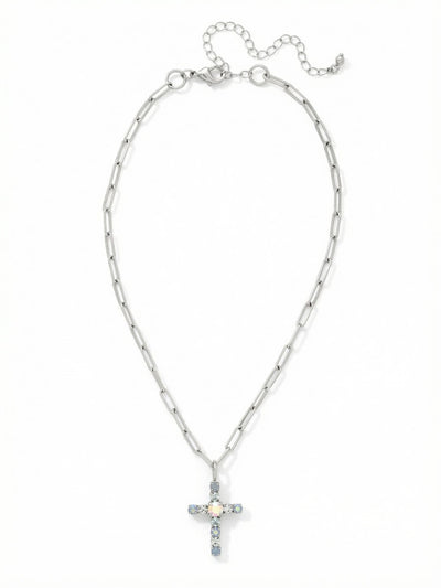 Cross Paperclip Pendant Necklace - NFZ11PDRQ - <p>A modern take on a classic silhouette. The clean lines of the palladium paperclip chain offer a sleek contrast to the soft opalescent and icy blue crystals forming the cross pendant. As it moves with you, subtle shifts of pale azore and iridescent light radiate from the center stone. The necklace rests comfortably along the collarbone and includes an extension chain, making it an easy piece to layer with longer strands or wear simply on its own.</p><ul>
<li>Clean paperclip chain construction creates a modern visual contrast</li>
<li>A mix of pale azore and opal crystals emits a soft iridescent glow</li>
<li>Lobster claw clasp</li>
<li>4-inch adjustable extension chain</li>
<li>Protective e-coat finish for lasting wear</li>
<li>Includes signature organza pouch for gifting and travel</li>
</ul>