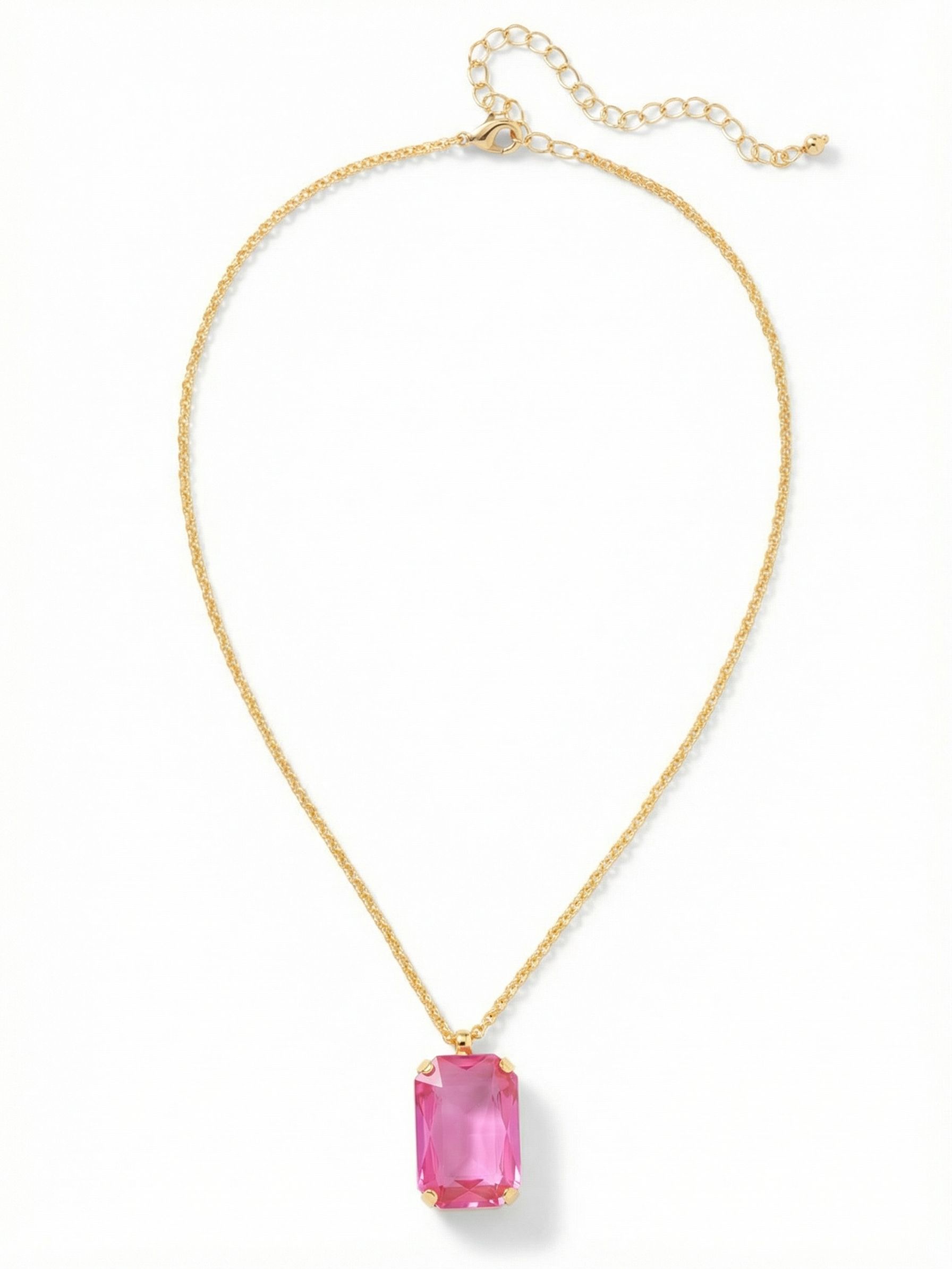 Viretta Pendant Necklace - NFZ16BGPPL - <p>A single, saturated block of color anchors this necklace. The oversized emerald-cut stone brings sharp geometry to the fluid drape of the rolo chain, resting with substantial weight right at the collarbone. It offers a confident burst of vibrant pink that instantly brightens an open neckline or crisp collar. The built-in extension chain gives you the freedom to adjust the placement, letting this pendant stand alone or serve as a grounded base for your other daily chains.</p><ul>
<li>Oversized emerald-cut pendant delivers a bold, saturated block of color</li>
<li>Fluid rolo chain allows the piece to drape naturally along the collarbone</li>
<li>Lobster claw clasp</li>
<li>4-inch adjustable extension chain</li>
<li>Protective e-coat finish for lasting wear</li>
<li>Includes signature organza pouch for gifting and travel</li>
</ul>