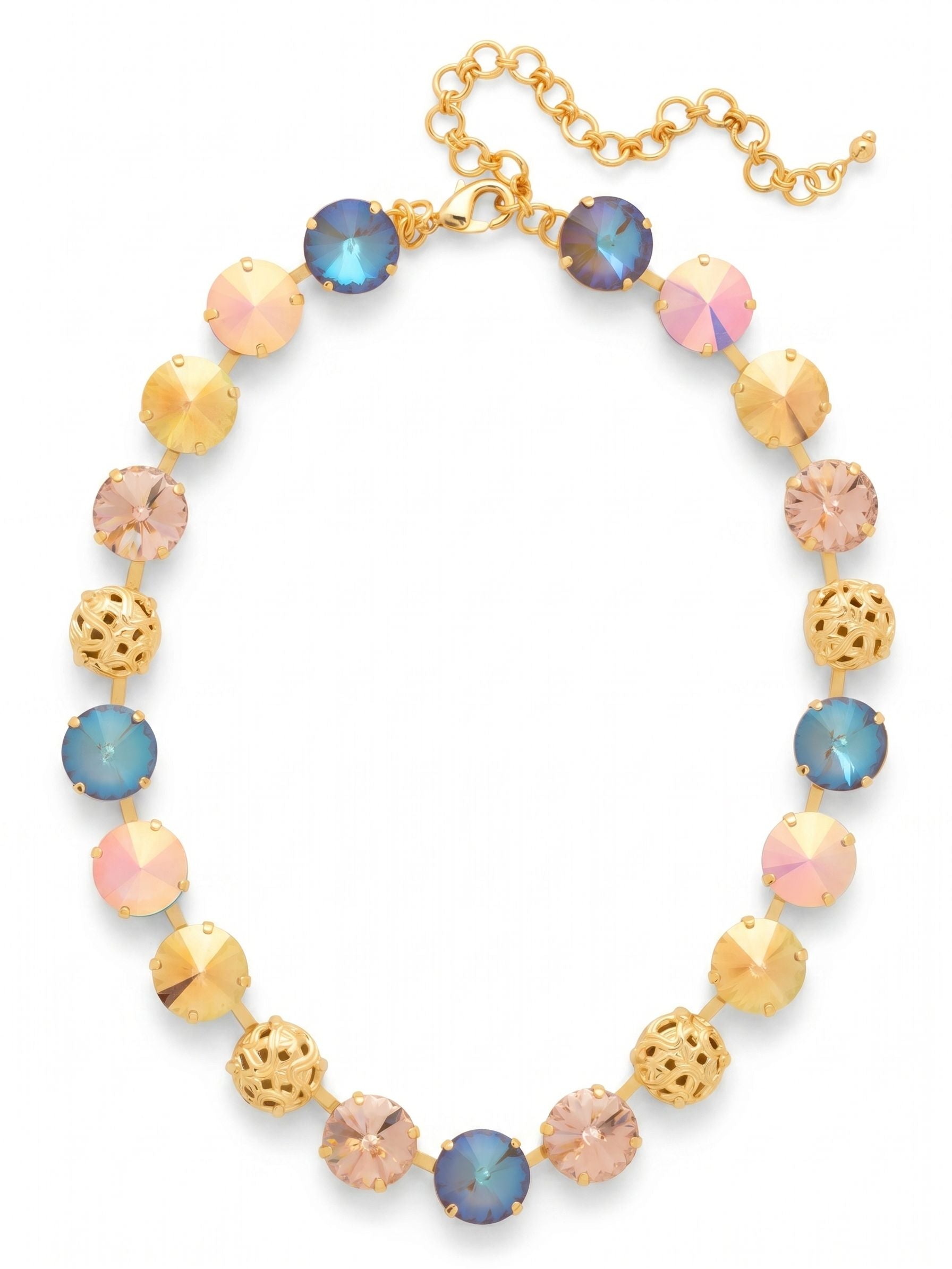 Clementine Tennis Necklace - NFZ18BGCHA - <p>The Clementine Tennis Necklace features round, rivoli-cut crystals with ornate, domed metal accents; adjustable and secured with a lobster claw clasp. (14 1/8-18 1/8 inches) From Sorrelli's Chai Latte collection in our Bright Gold-tone finish.</p>