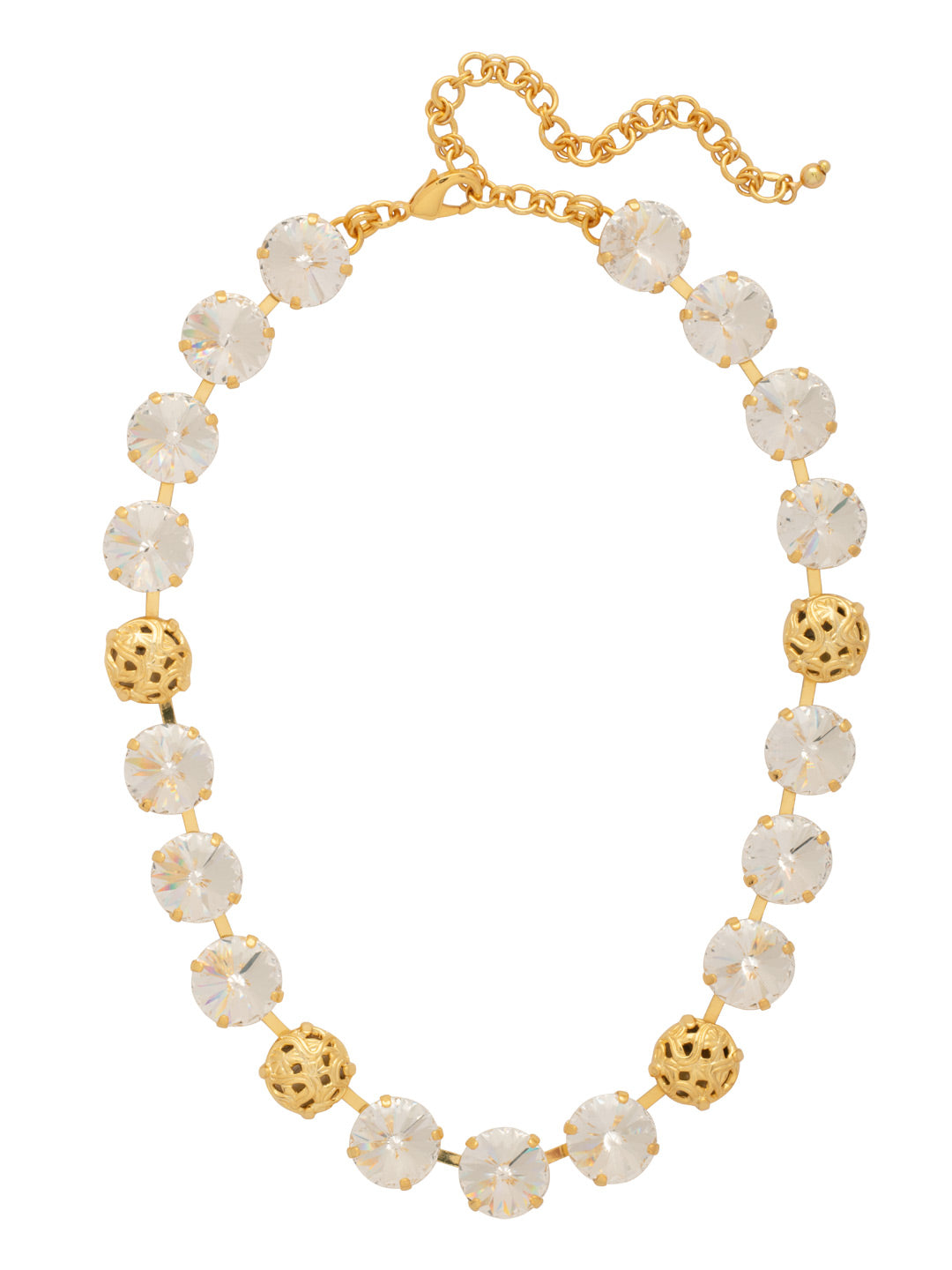 Clementine Tennis Necklace - NFZ18BGCRY - <p>The Clementine Tennis Necklace features round, rivoli-cut crystals with ornate, domed metal accents; adjustable and secured with a lobster claw clasp. (14 1/8-18 1/8 inches) From Sorrelli's Crystal collection in our Bright Gold-tone finish.</p>