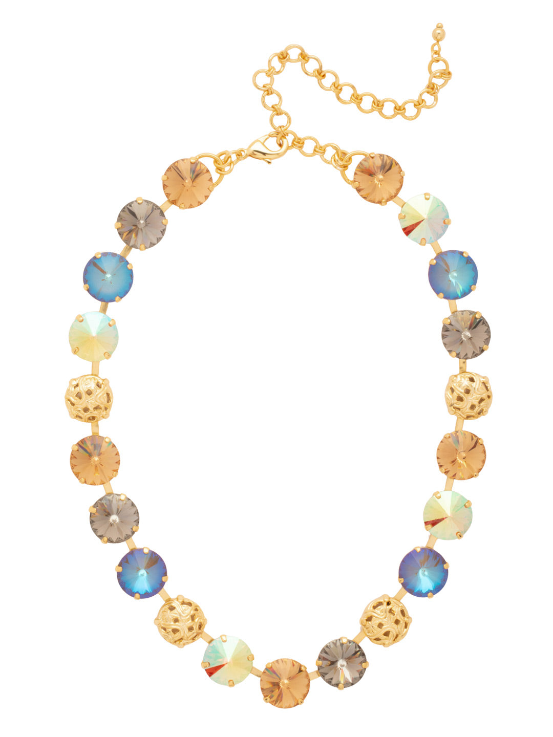 Clementine Tennis Necklace - NFZ18BGHNB - <p>The Clementine Tennis Necklace features round, rivoli-cut crystals with ornate, domed metal accents; adjustable and secured with a lobster claw clasp. (14 1/8-18 1/8 inches) From Sorrelli's Honey Bourbon collection in our Bright Gold-tone finish.</p>