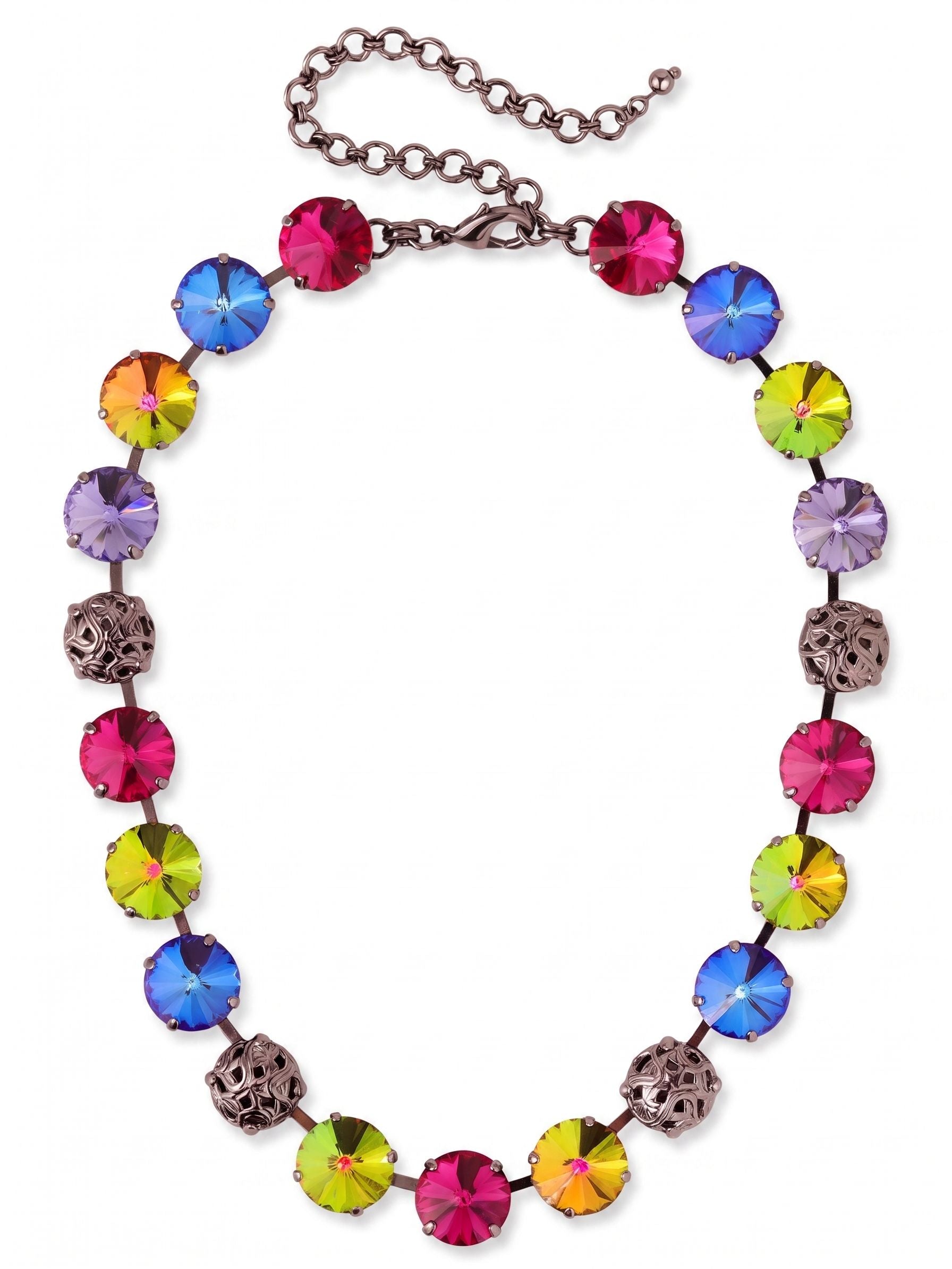 Clementine Tennis Necklace - NFZ18GMNNI - <p>Large, round-cut crystals in saturated fuchsia, deep burgundy, and bright iridescent hues create a bold rhythm around the neckline. We anchored these vibrant stones in dark gunmetal, interspersing them with intricately cast openwork metal spheres that add an unexpected textural contrast. The linked setting construction allows the necklace to drape naturally along your collarbone, moving easily as you go about your day. An extension chain lets you adjust the length, making it a versatile piece to layer over a high neckline or wear bare against the skin.</p><ul>
<li>Alternating rhythm of oversized round-cut crystals and intricately cast metal spheres</li>
<li>Flexible linked setting construction designed to drape naturally along the collarbone</li>
<li>Lobster claw clasp</li>
<li>4-inch adjustable extension chain</li>
<li>Includes signature organza pouch for gifting and travel</li>
</ul>