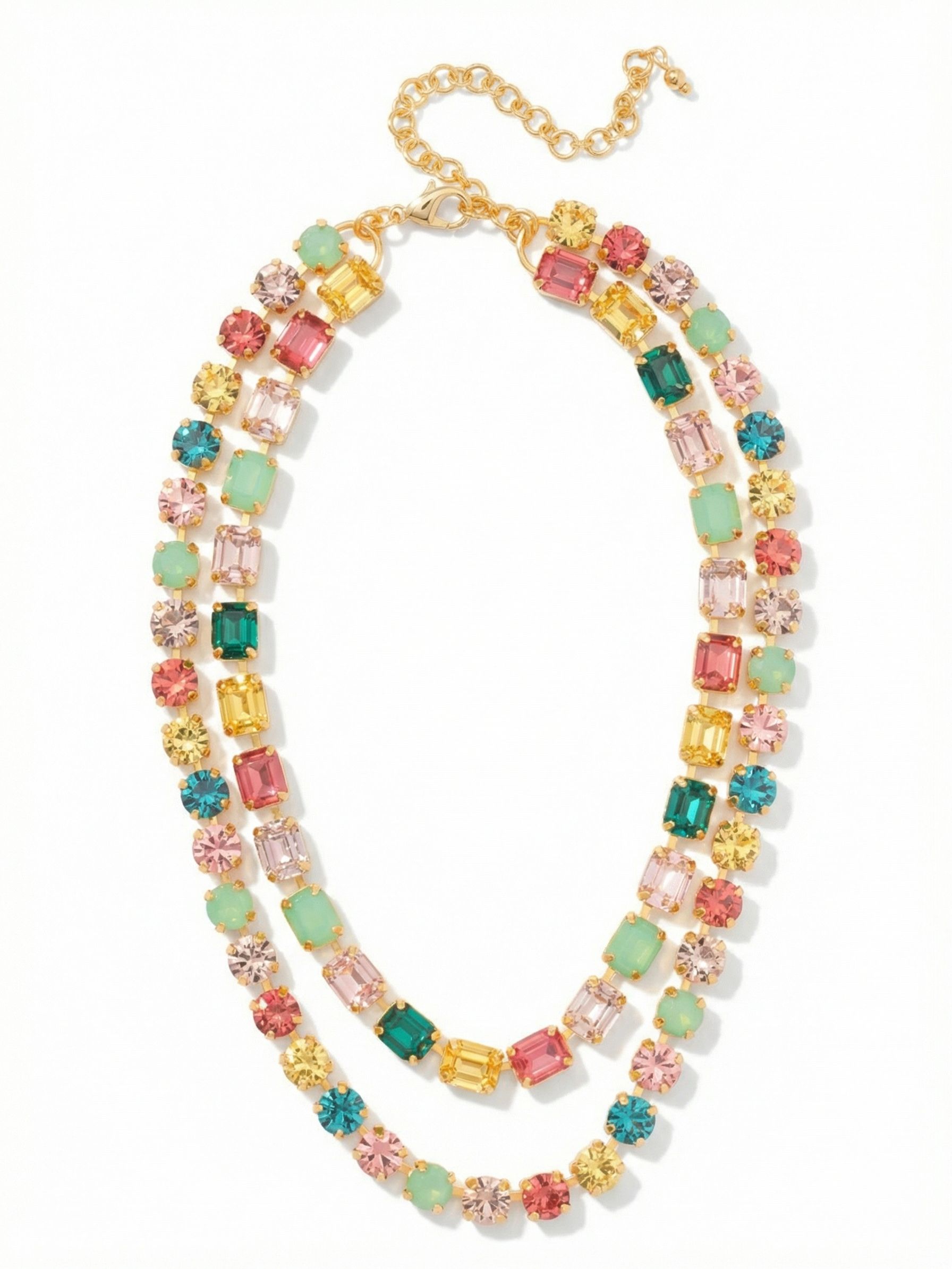 Marci Tennis Necklace - NFZ2BGCPO - <p>The Marci Tennis Necklace features a line of emerald-cut crystals and a line of round-cut crystals, layered together as one necklace. The lobster claw clasp with extension chain ensures a secure and customizable fit. From Sorrelli's Candy Pop collection in our Bright Gold-tone finish.</p>