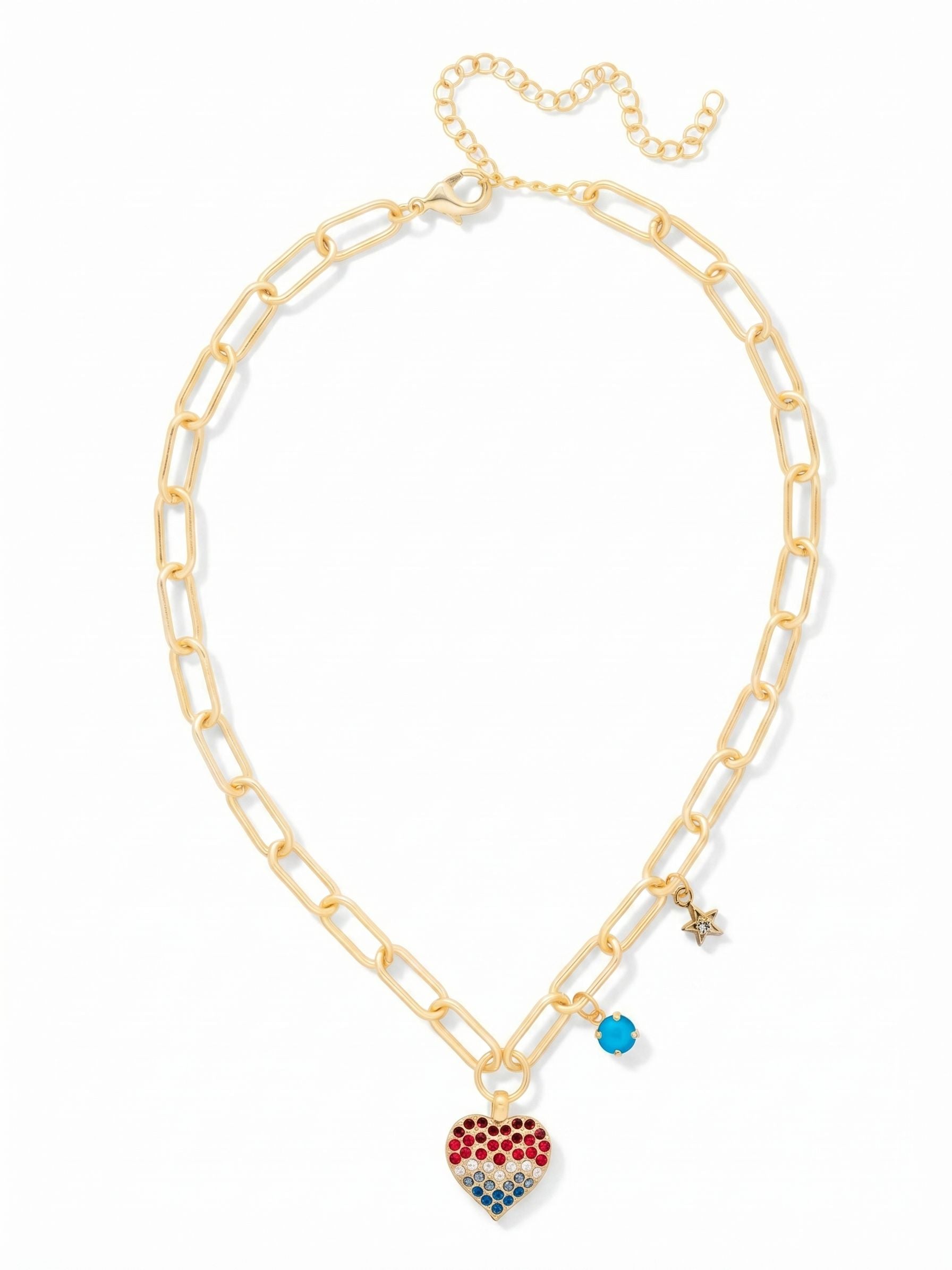 Pave Heart Charm Pendant Necklace - NGB7BGUSA - <p>Add a touch of sparkle and romance to your look with our Pavé Heart Charm Pendant Necklace.</p><p>This statement piece features a shimmering heart charm encrusted with crystals, gracefully anchored at the base of a bold, adjustable paperclip chain. Delicately placed above the heart are two eye-catching accents—a round-cut crystal charm and a star charm adorned with dazzling pavé crystals—adding layered brilliance to every angle. (16-20 inches)</p>