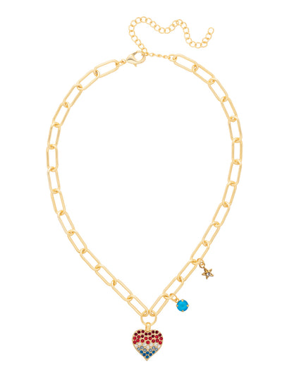 Pave Heart Charm Pendant Necklace - NGB7BGUSA - <p>Add a touch of sparkle and romance to your look with our Pavé Heart Charm Pendant Necklace.</p><p>This statement piece features a shimmering heart charm encrusted with crystals, gracefully anchored at the base of a bold, adjustable paperclip chain. Delicately placed above the heart are two eye-catching accents—a round-cut crystal charm and a star charm adorned with dazzling pavé crystals—adding layered brilliance to every angle. (16-20 inches) From Sorrelli's Stars and Stripes collection in our Bright Gold-tone finish.</p>