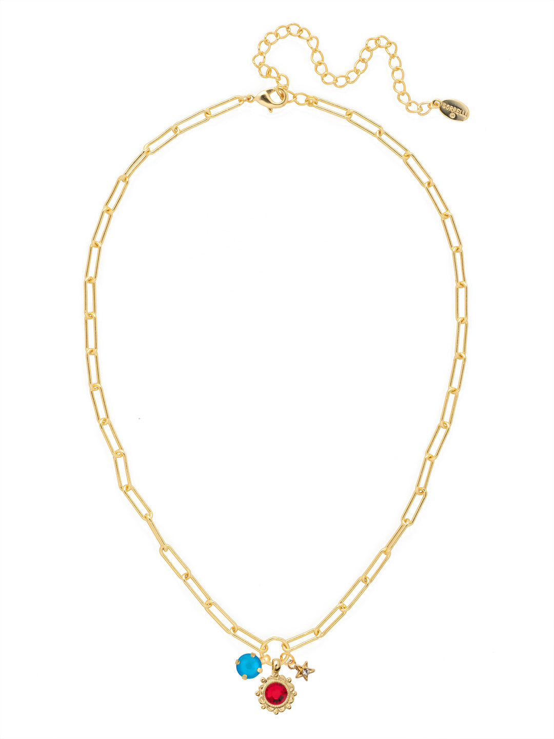 Liberty Charm Pendant Necklace - NGB9BGUSA - <p>The Liberty Charm Pendant Necklace features a cluster of three charms: a single round-cut crystal, a crystal-embellished flower, and a crystal-embellished star-- on an adjustable paperclip chain, secured by a lobster claw clasp. (16-20 inches) From Sorrelli's Stars and Stripes collection in our Bright Gold-tone finish.</p>