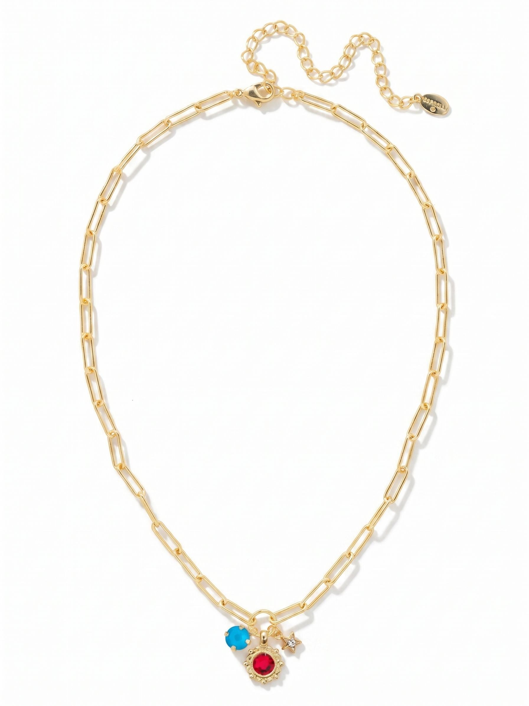 Liberty Charm Pendant Necklace - NGB9BGUSA - <p>The Liberty Charm Pendant Necklace features a cluster of three charms: a single round-cut crystal, a crystal-embellished flower, and a crystal-embellished star-- on an adjustable paperclip chain, secured by a lobster claw clasp. (16-20 inches) From Sorrelli's Stars and Stripes collection in our Bright Gold-tone finish.</p>