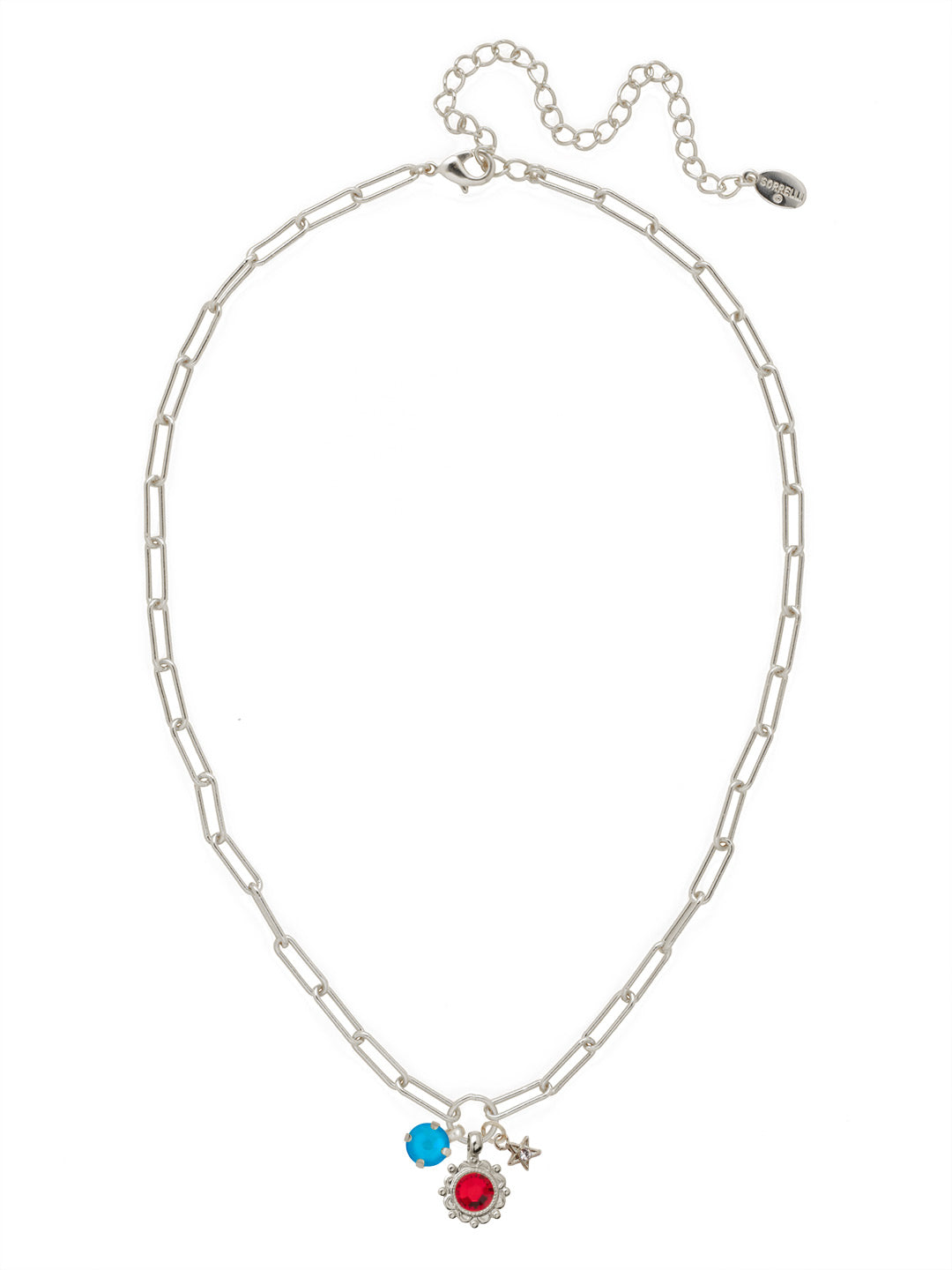 Liberty Charm Pendant Necklace - NGB9PDUSA - <p>The Liberty Charm Pendant Necklace features a cluster of three charms: a single round-cut crystal, a crystal-embellished flower, and a crystal-embellished star-- on an adjustable paperclip chain, secured by a lobster claw clasp. (16-20 inches) From Sorrelli's Stars and Stripes collection in our Palladium finish.</p>