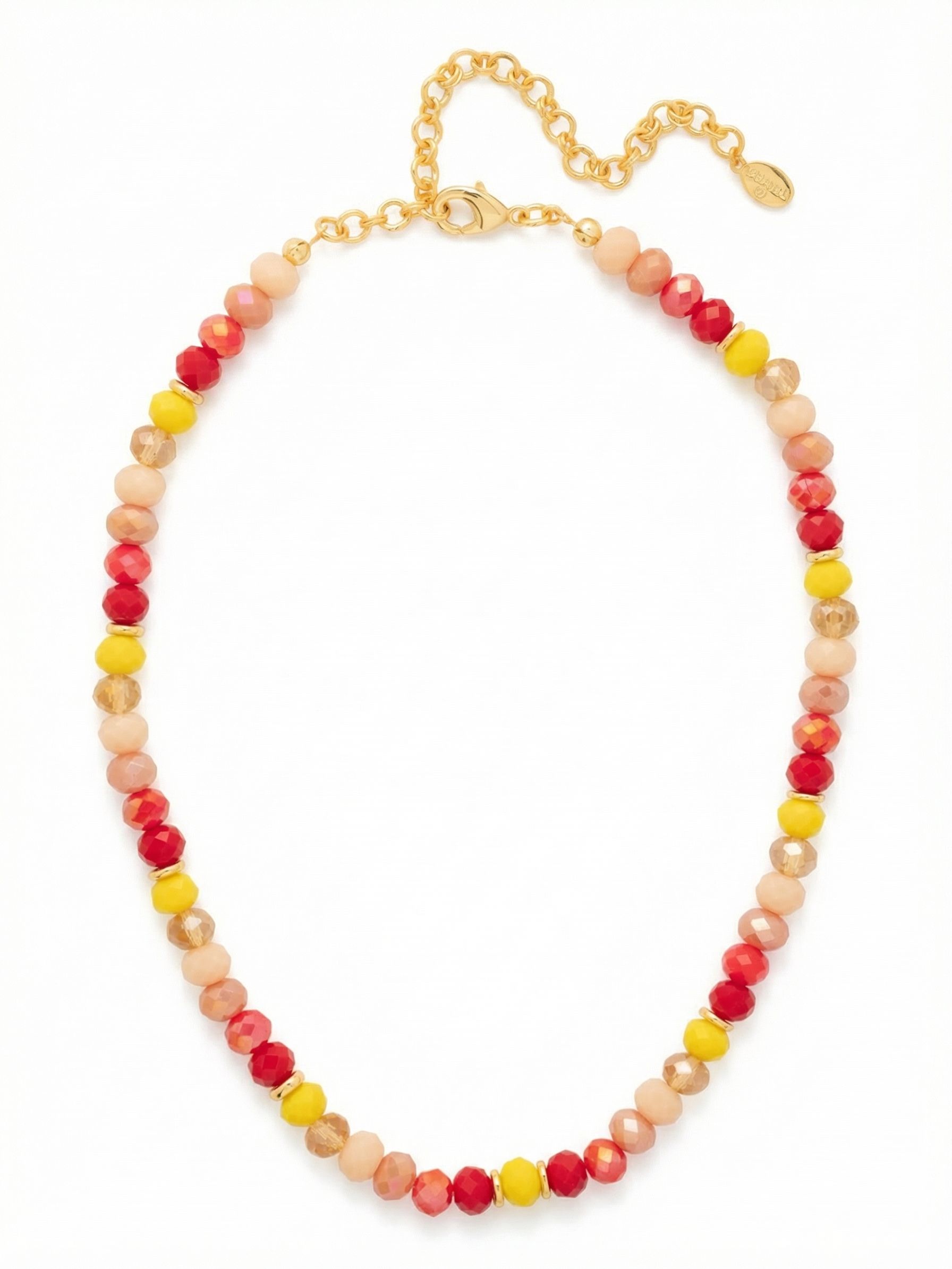 Kaya Beaded Tennis Necklace - NGE11BGMOR - <p>Faceted stones in shades of porcelain red, coral, and opaque yellow create a continuous line of color that catches light in motion. Strung to drape fluidly at the collarbone, the alternating bead sizes and tiny golden spacers add visual rhythm without feeling heavy. An included extension chain lets you tailor the length, making it easy to layer this warm strand alongside your favorite gold pendants or wear it alone to brighten a simple neckline.</p><ul>
<li>Mix of opaque and iridescent faceted stones</li>
<li>Tiny spacer beads create distinct visual separation along the strand</li>
<li>Lobster claw clasp</li>
<li>4-inch adjustable extension chain</li>
<li>Protective e-coat finish for lasting wear</li>
<li>Includes signature organza pouch for gifting and travel</li>
</ul>
