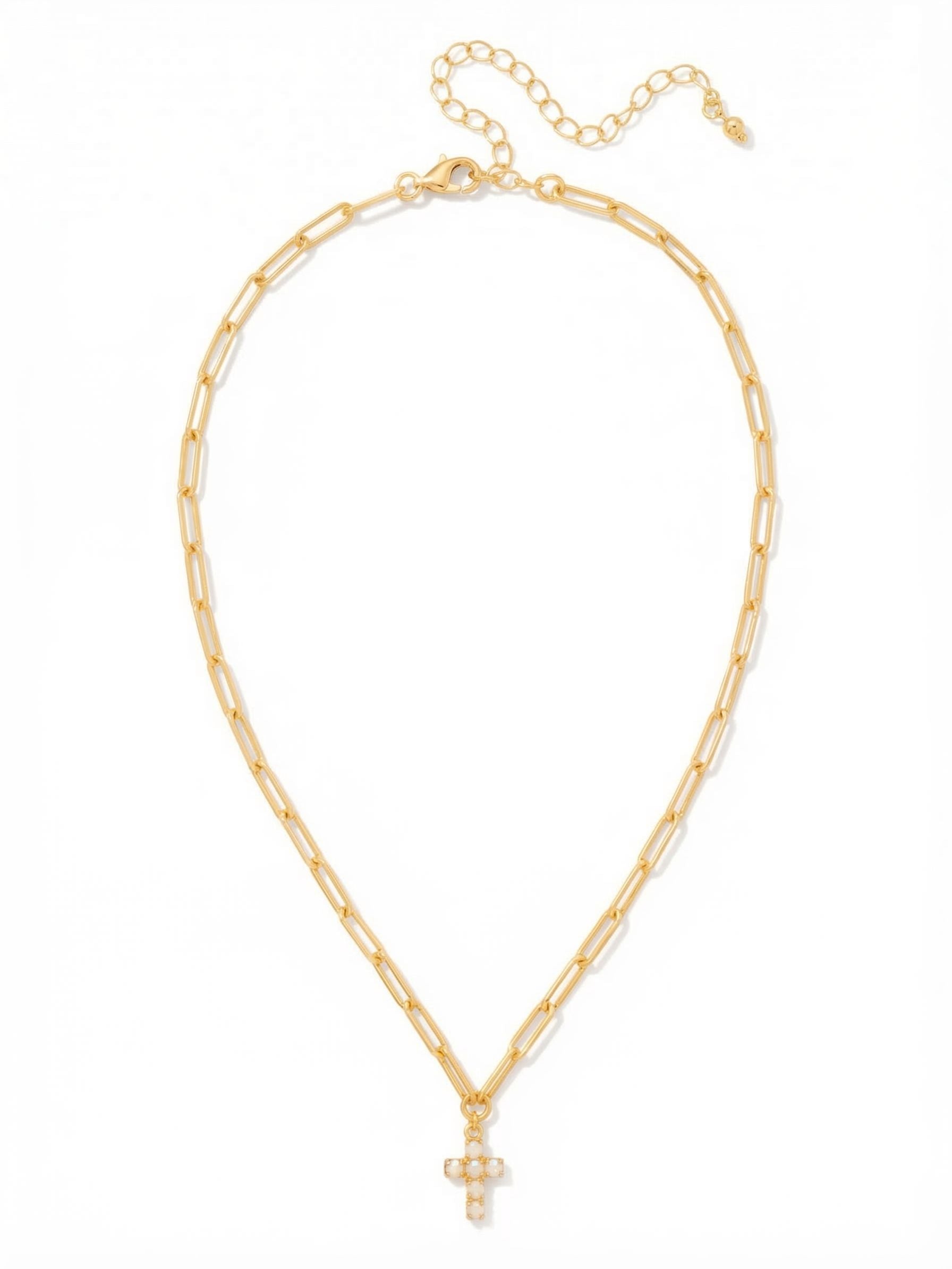 Carly Cross Pendant Necklace - NGE2BGWAB - <p>A delicate approach to a personal symbol. The Carly necklace pairs a modern paperclip chain with the soft, iridescent shift of round white alabaster crystals. Hanging at sixteen inches, the petite cross rests easily near the collarbone, serving as a quiet focal point worn solo or layered alongside heavier links. The included extension lets you adjust the drop, so the pendant naturally finds its center whether styled over a high neckline or against bare skin.</p><ul>
<li>Elongated paperclip links contrast with the compact crystal arrangement</li>
<li>Softly shifting alabaster crystals bring a quiet opalescence to the neckline</li>
<li>Lobster claw clasp</li>
<li>4-inch adjustable extension chain</li>
<li>Protective e-coat finish for lasting wear</li>
<li>Includes signature organza pouch for gifting and travel</li>
</ul>