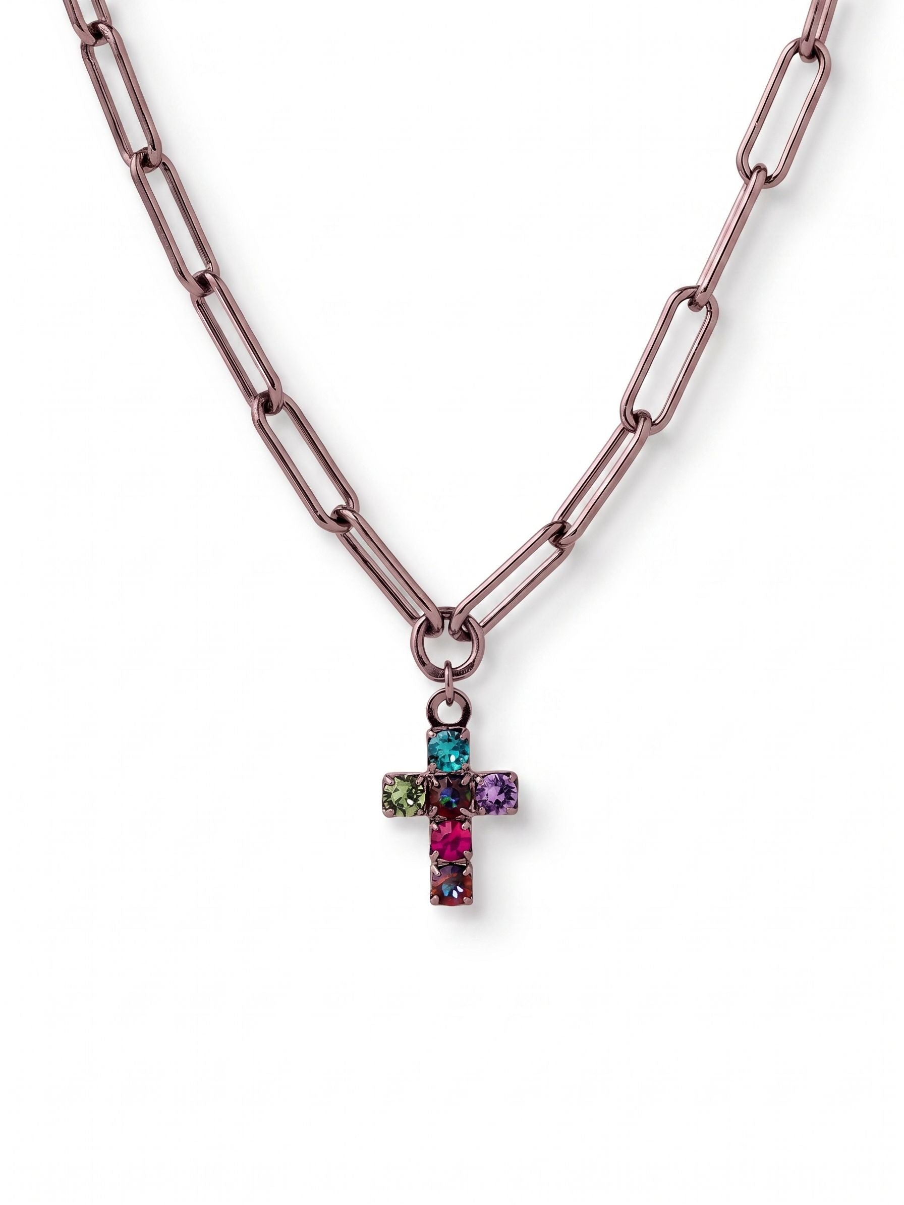 Carly Cross Pendant Necklace - NGE2GMNNI - <p>Vivid round-cut crystals in teal, magenta, and violet cluster tightly to form this petite cross pendant. Suspended from an open paperclip chain, the design balances the moody luster of dark metal with bright bursts of color. Resting right at the collarbone, the necklace offers a distinct contrast between the elongated chain links and the tightly grouped stones. It brings an unexpected wash of color to a simple neckline, while an adjustable clasp lets you dial in the exact length for your collar.</p><ul>
<li>Open-link paperclip chain provides textural contrast to the pendant</li>
<li>Multicolor round-cut crystals clustered in vivid jewel tones</li>
<li>Lobster claw clasp</li>
<li>4-inch adjustable extension chain</li>
<li>Includes organza pouch for gifting and travel</li>
</ul>