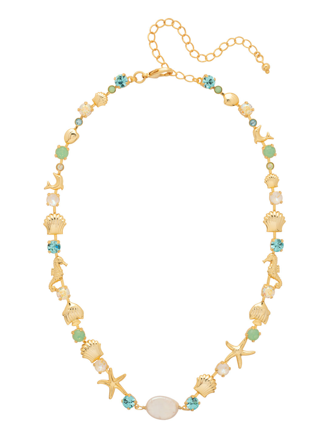 Avalon Tennis Necklace - NGE3BGCSD - <p>The Avalon Tennis Necklace features alternating starfish, seashell, and seahorse charms with semi-precious stones, crystals, and a natural freshwater pearl in the center. The necklace is adjustable, 16-20 inches, and secured with a lobster claw clasp. From Sorrelli's Coastal Dreams collection in our Bright Gold-tone finish.</p>