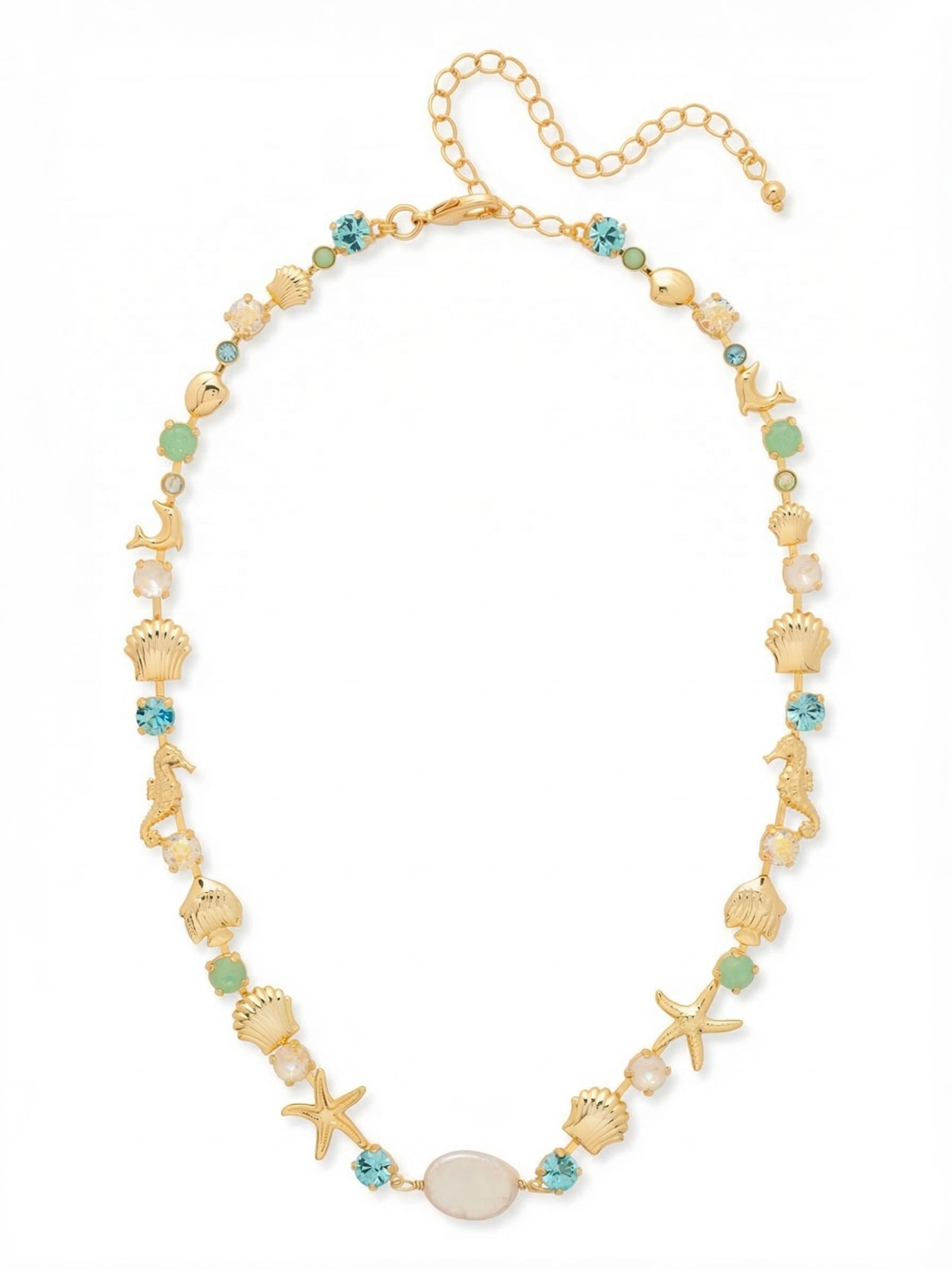 Avalon Tennis Necklace - NGE3BGCSD - <p>A continuous line of oceanic tones and intricate metalwork. Round-cut crystals in Pacific Opal and Aquamarine alternate with highly detailed seashell, seahorse, and starfish charms along a fluid channel chain. At the center, a single white oval coin pearl bead grounds the design. The sixteen-inch length rests neatly near the collarbone, maintaining an even drape as you move. An included extension chain allows you to adjust the drop to suit your neckline, adding easy versatility to your daily rotation.</p><ul>
<li>Alternating sequence of oceanic crystals and detailed nautical motifs</li>
<li>Anchored by a smooth oval white coin pearl bead at the center</li>
<li>Lobster claw clasp</li>
<li>4-inch adjustable extension chain</li>
<li>Protective e-coat finish for lasting wear</li>
<li>Includes signature organza pouch for gifting and travel</li>
</ul>