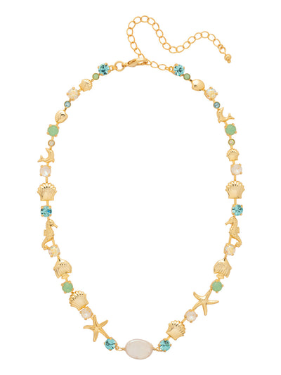 Avalon Tennis Necklace - NGE3BGCSD - <p>The Avalon Tennis Necklace features alternating starfish, seashell, and seahorse charms with semi-precious stones, crystals, and a natural freshwater pearl in the center. The necklace is adjustable, 16-20 inches, and secured with a lobster claw clasp. From Sorrelli's Coastal Dreams collection in our Bright Gold-tone finish.</p>