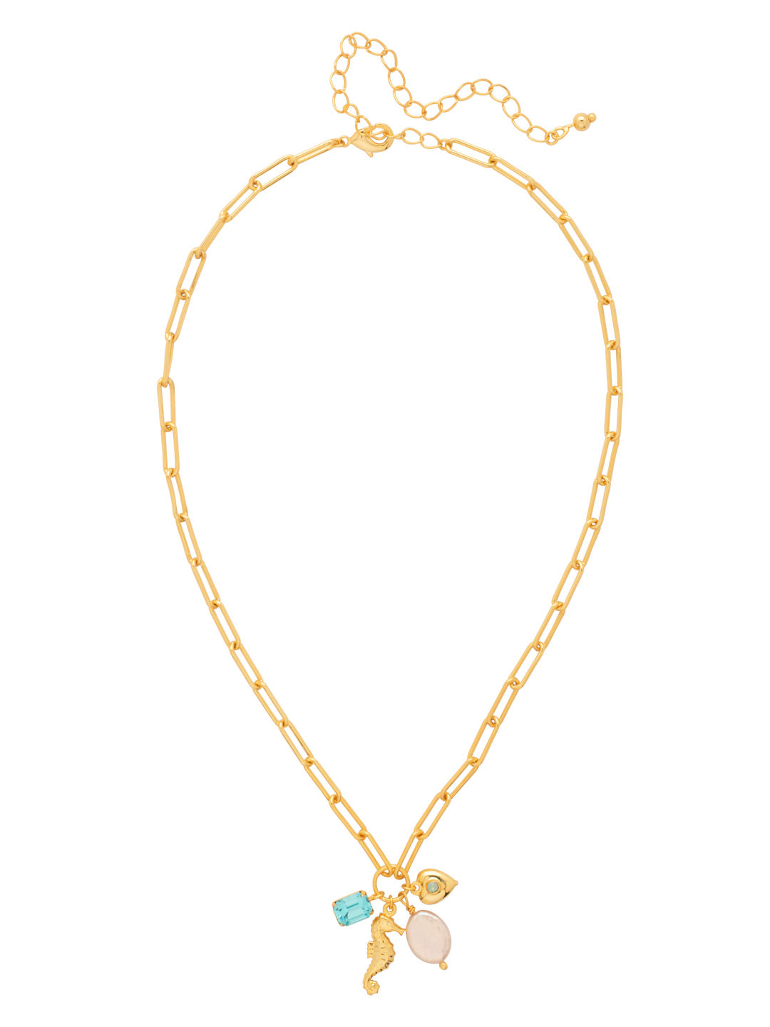 Seahorse Charm Pendant Necklace - NGE5BGCSD - <p>The Seahorse Charm Pendant Necklace features an emerald-cut crystal, seahorse charm, freshwater pearl, and heart locket charm on an adjustable paperclip chain, secured with a lobster claw clasp. 16-20 inches. From Sorrelli's Coastal Dreams collection in our Bright Gold-tone finish.</p>