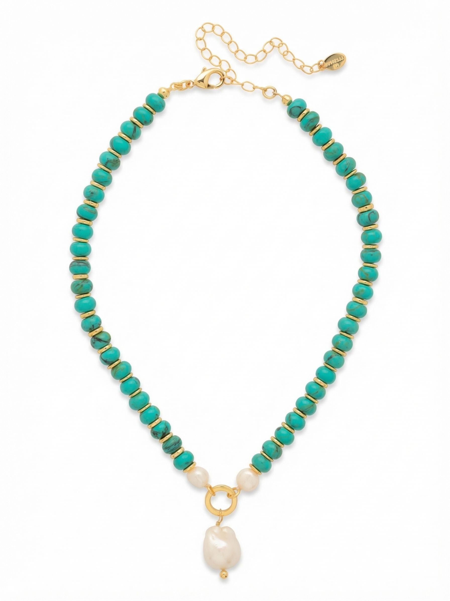 Sea Isle Pendant Necklace - NGE6BGTQ - <p>Smooth turquoise rondelle beads form a continuous line of vibrant color along the collar, interspersed with bright metallic spacers that catch the light. At the center, two round pearls frame an open ring and a single, textured baroque pearl drop. The combined weight of the beads gives the strand a satisfying drape that moves fluidly with you. An included extension chain lets you easily adjust the resting point to suit an open blouse or a simple crewneck.</p><ul>
<li>Continuous strand of smooth turquoise rondelle beads separated by metallic spacers</li>
<li>Center focal point anchored by a single irregular baroque pearl drop</li>
<li>Lobster claw clasp</li>
<li>4-inch adjustable extension chain</li>
<li>Protective e-coat finish for lasting wear</li>
<li>Includes signature organza pouch for gifting and travel</li>
</ul>
