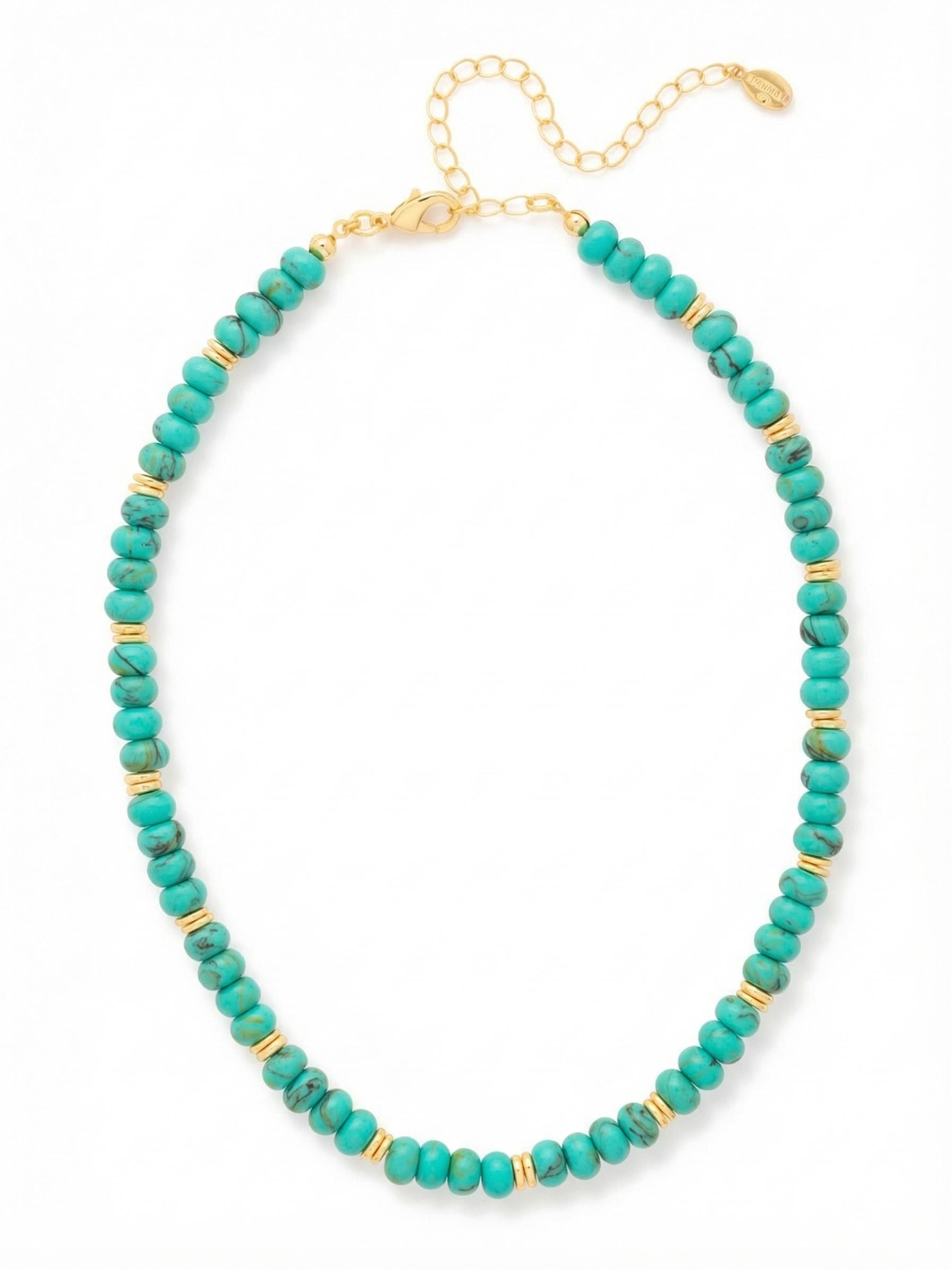 Capri Beaded Tennis Necklace - NGE8BGTQ - <p>Smooth turquoise green beads wrap continuously around the neck, bringing a sense of weight and natural texture to your daily rotation. Small gold-tone spacers interrupt the line just enough to catch the light and add visual rhythm to the continuous color. Resting easily at the collarbone, it provides a solid foundation for layering with delicate chains or anchoring an open neckline. The adjustable extension lets you find the exact drop that feels right for the day.</p><ul>
<li>Smooth turquoise rondelle beads with natural veining</li>
<li>Metallic spacers add subtle texture to the continuous strand</li>
<li>Lobster claw clasp</li>
<li>4-inch adjustable extension chain</li>
<li>Protective e-coat finish for lasting wear</li>
<li>Includes signature organza pouch for gifting and travel</li>
</ul>