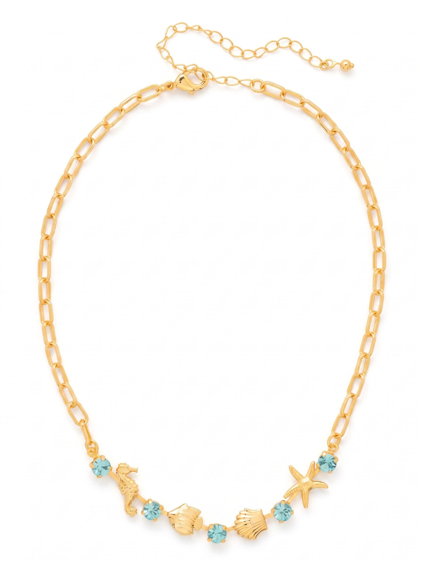 Atlantic Tennis Necklace - NGE9BGCSD - <p>A modern take on coastal style, this necklace anchors light blue Aqua Bohemica crystals alongside intricately detailed ocean motifs. Seahorse, starfish, shell, and angelfish charms are evenly spaced along the center, creating a playful but polished focal point right at the collarbone. The upper paperclip chain keeps the piece feeling lightweight and airy, while the extension link allows you to adjust the drop to suit different necklines. It brings a grounded, warm weather ease to your daily uniform.</p><ul>
<li>Fixed placement nautical charms prevent sliding and gathering</li>
<li>Open paperclip links transition to a structured frontal setting</li>
<li>Lobster claw clasp</li>
<li>4-inch adjustable extension chain</li>
<li>Protective e-coat finish for lasting wear</li>
<li>Includes signature organza pouch for gifting and travel</li>
</ul>