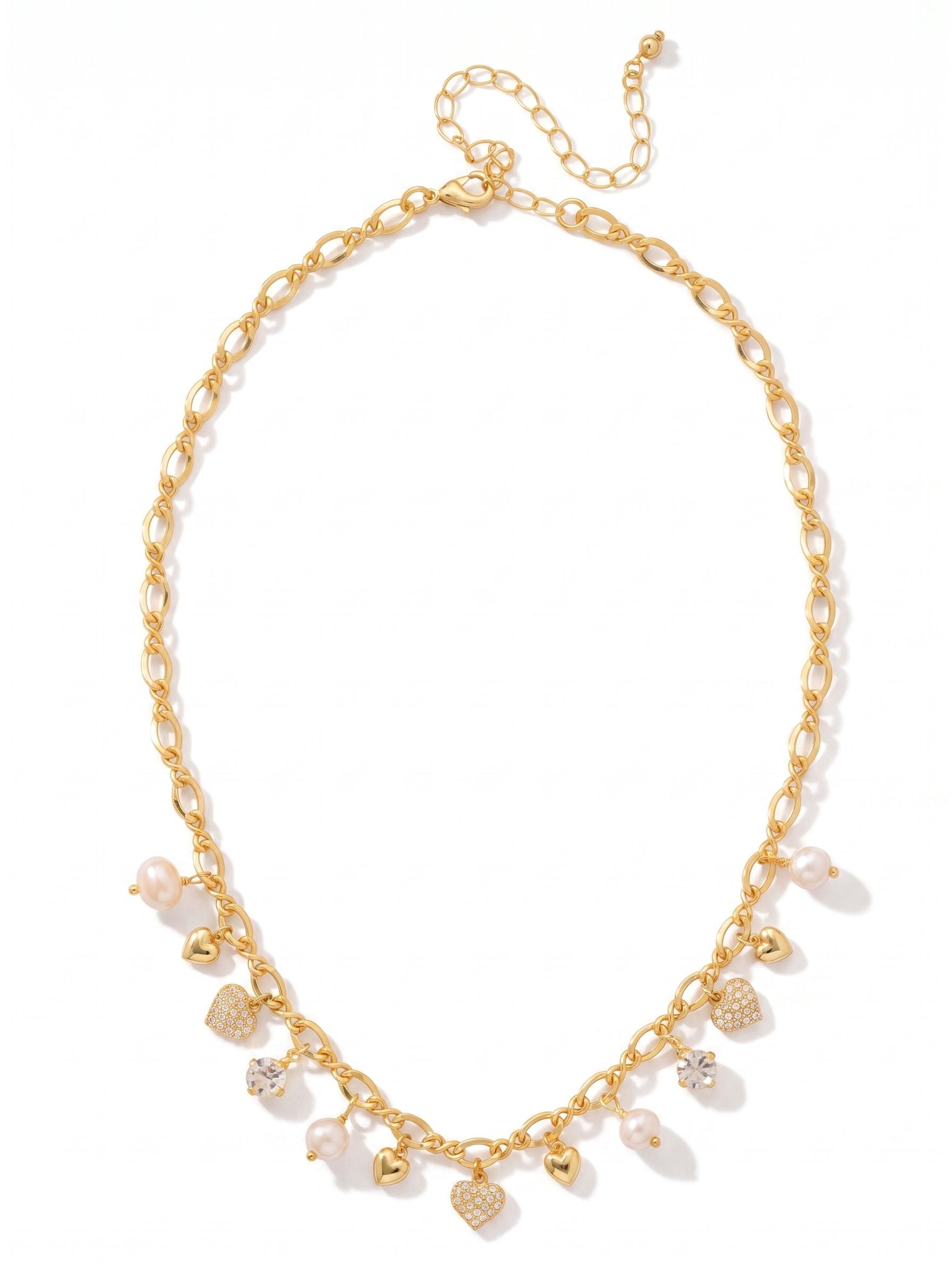 Heart & Pearl Charm Tennis Necklace - NGF2BGCRY - <p>Mirroring the playful movement of the matching bracelet, the Heart &amp; Pearl Charm Tennis Necklace showcases a whimsical array of dangling hearts, lustrous pearls, and crystals. An adjustable chain allows you to customize the length, making it an effortless, eye-catching accent for any neckline. (16-20 inches)</p>