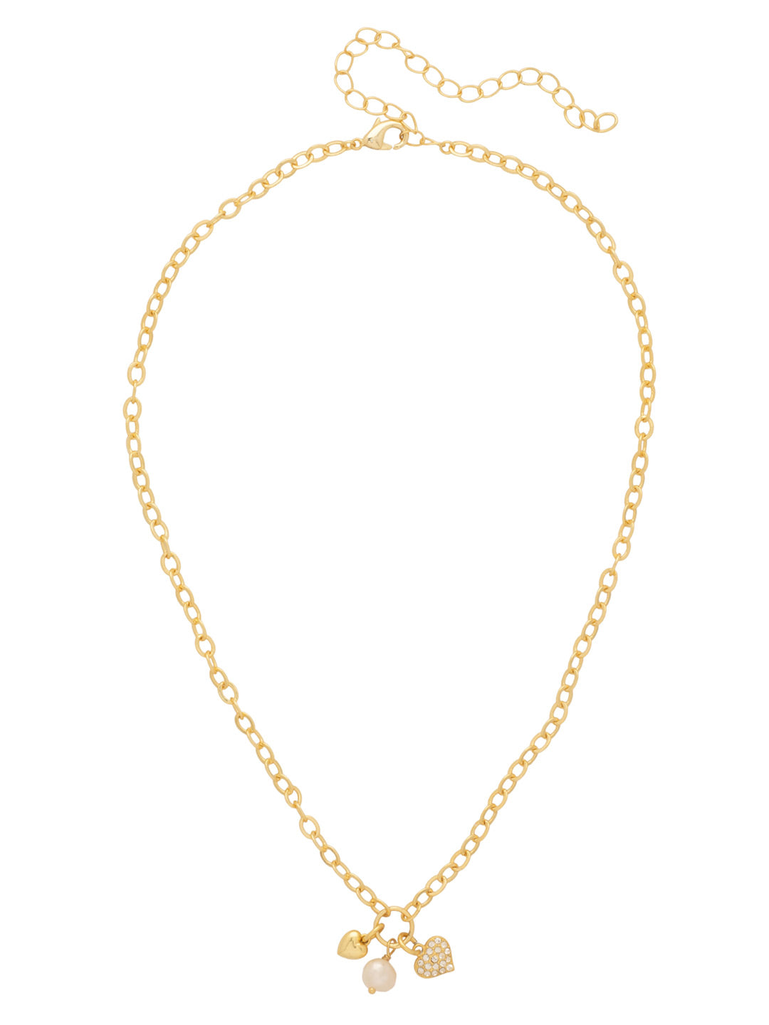 Heart & Pearl Charm Pendant Necklace - NGF3BGCRY - <p>Embrace sweet sophistication with the Heart &amp; Pearl Charm Pendant Necklace, featuring a dainty trio of a solid metallic heart, a crystal-encrusted heart, and a lustrous pearl. Suspended from a delicate adjustable chain, this cluster design adds a romantic, textured touch to any ensemble. (16-20 inches) From Sorrelli's Crystal collection in our Bright Gold-tone finish.</p>