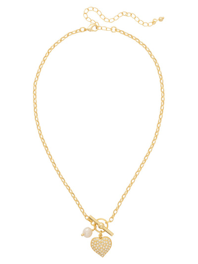 Pave Heart Charm Pendant Necklace - NGF4BGCRY - <p>Combine modern hardware with romantic details in the Pave Heart Charm Pendant Necklace, featuring a crystal-encrusted heart and petite pearl dangling from a stylish T-bar toggle accent. An adjustable chain and secure lobster claw clasp at the back ensure a perfect, comfortable fit for any occasion. (16-20 inches) From Sorrelli's Crystal collection in our Bright Gold-tone finish.</p>