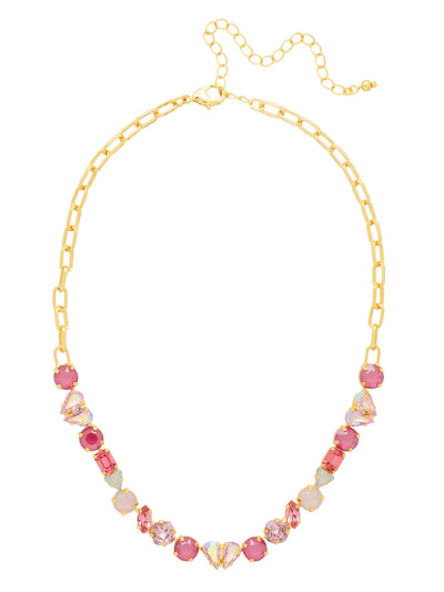 Crystal Crush Tennis Necklace - NGF5BGPRO - <p>Two glistening pear-cut crystals join to form a heart at the center of the Crystal Crush Tennis Necklace, bordered by a luxe array of mixed-cut stones. This sparkling design transitions into a modern link chain with an extender, allowing you to find your perfect length. (16-20 inches) From Sorrelli's Panama Rose collection in our Bright Gold-tone finish.</p>