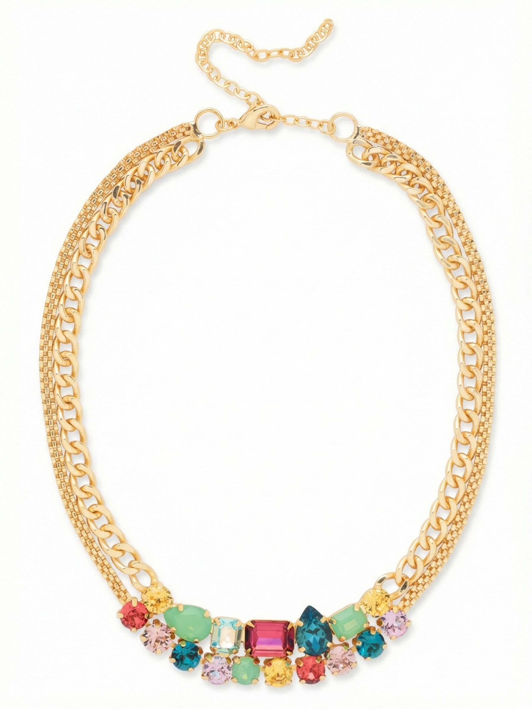 Moxie Tennis Necklace - NGI4BGCPO - <p>The Moxie Tennis Necklace features an eclectic mix of assorted crystals set along a bold, multi-strand link chain. An adjustable extender and lobster clasp allow for a personalized fit and a modern, statement look. From Sorrelli's Candy Pop collection in our Bright Gold-tone finish.</p>
