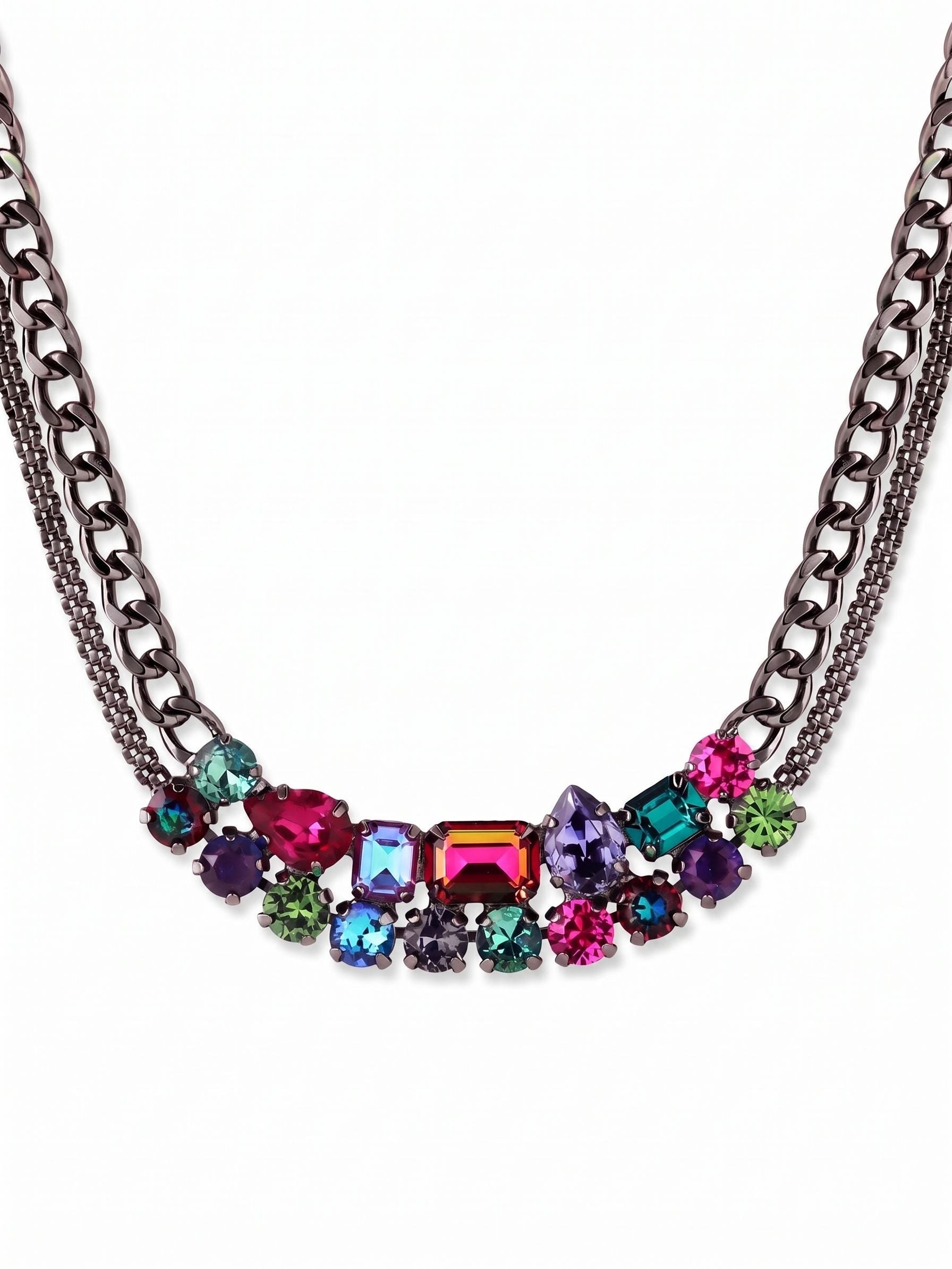 Moxie Tennis Necklace - NGI4GMNNI - <p>Two distinct chains converge to create this layered collar necklace. A substantial cable chain and a finer mesh chain anchor a vibrant cluster of crystals that rests naturally below the collarbone. The mix of emerald, pear, and round cuts creates an asymmetrical mosaic of highly saturated jewel tones. It feels substantial in the hand but moves fluidly as you go about your day. An included extension chain lets you adjust the exact drop, making it an easy companion for an open collar or crewneck.</p><ul>
<li>Dual-chain design pairs a substantial cable link with a fine mesh sweep</li>
<li>Asymmetrical grouping of varied crystal cuts builds a highly textured profile</li>
<li>Lobster claw clasp</li>
<li>Includes organza pouch for gifting and travel</li>
</ul>