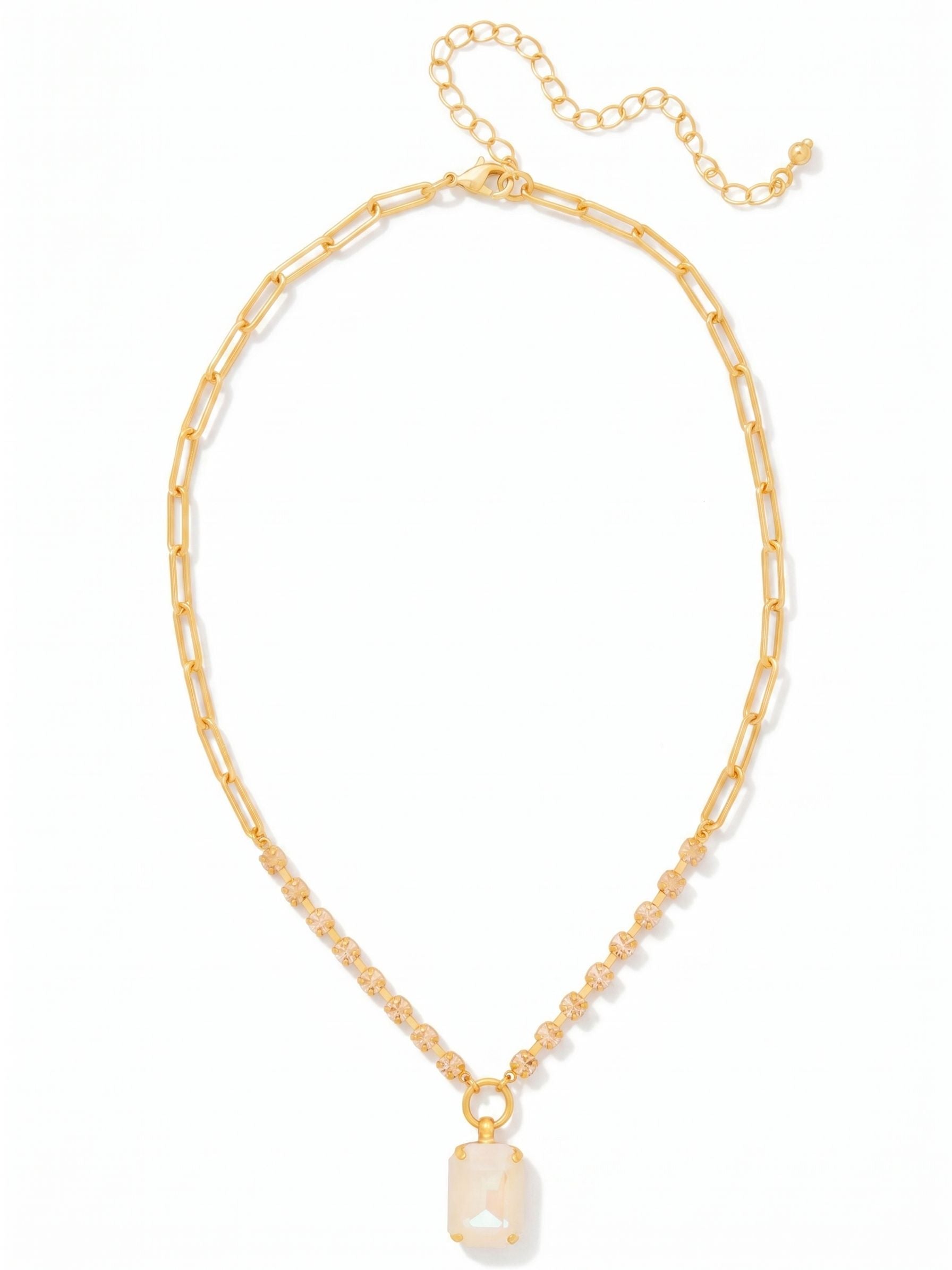 Iris Pendant Necklace - NGI50BGGGO - <p>An airy paperclip chain transitions into a tailored line of closely set crystals that traces your collarbone, bringing quiet light right where it matters most. Suspended from a central ring, a generous emerald-cut pendant drops with a subtle iridescent shift. The interplay of open links and precise stone setting provides a balanced weight that drapes naturally. An extension chain lets you fine-tune the drop to anchor any neckline beautifully.</p><ul>
<li>Substantial emerald-cut center stone with an iridescent finish</li>
<li>Mixed strand combining crystal-set kette and modern paperclip chains</li>
<li>Lobster claw clasp</li>
<li>4-inch adjustable extension chain</li>
<li>Protective e-coat finish for lasting wear</li>
<li>Includes signature organza pouch for gifting and travel</li>
</ul>