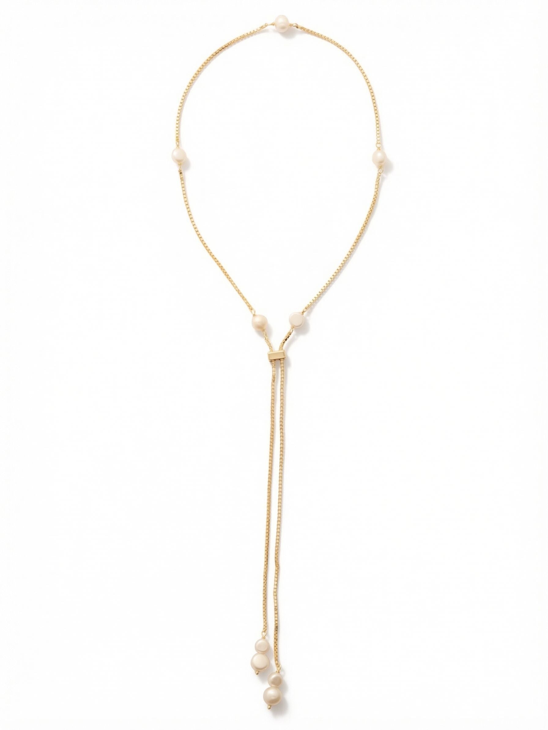 Winnie Long Necklace - NGJ3BGCRY - <p>A fluid box chain anchors this lariat design, draping cleanly down the chest to create a gently elongated silhouette. Stationed white and baroque pearls add soft luminescence along the gleaming metal. The sliding clasp allows you to easily adjust the central drop length, tailoring the proportion to suit a high collar or an open neckline. Weighted perfectly by the bottom pearls, the parallel chains maintain a steady, satisfying rhythm as you walk.</p><ul>
<li>Stationed white and baroque pearls spaced evenly along a fluid box chain</li>
<li>Weighted pearl ends keep the parallel twin drops draped cleanly in motion</li>
<li>Adjustable slider closure</li>
<li>Protective e-coat finish for lasting wear</li>
<li>Includes signature organza pouch for gifting and travel</li>
</ul>
