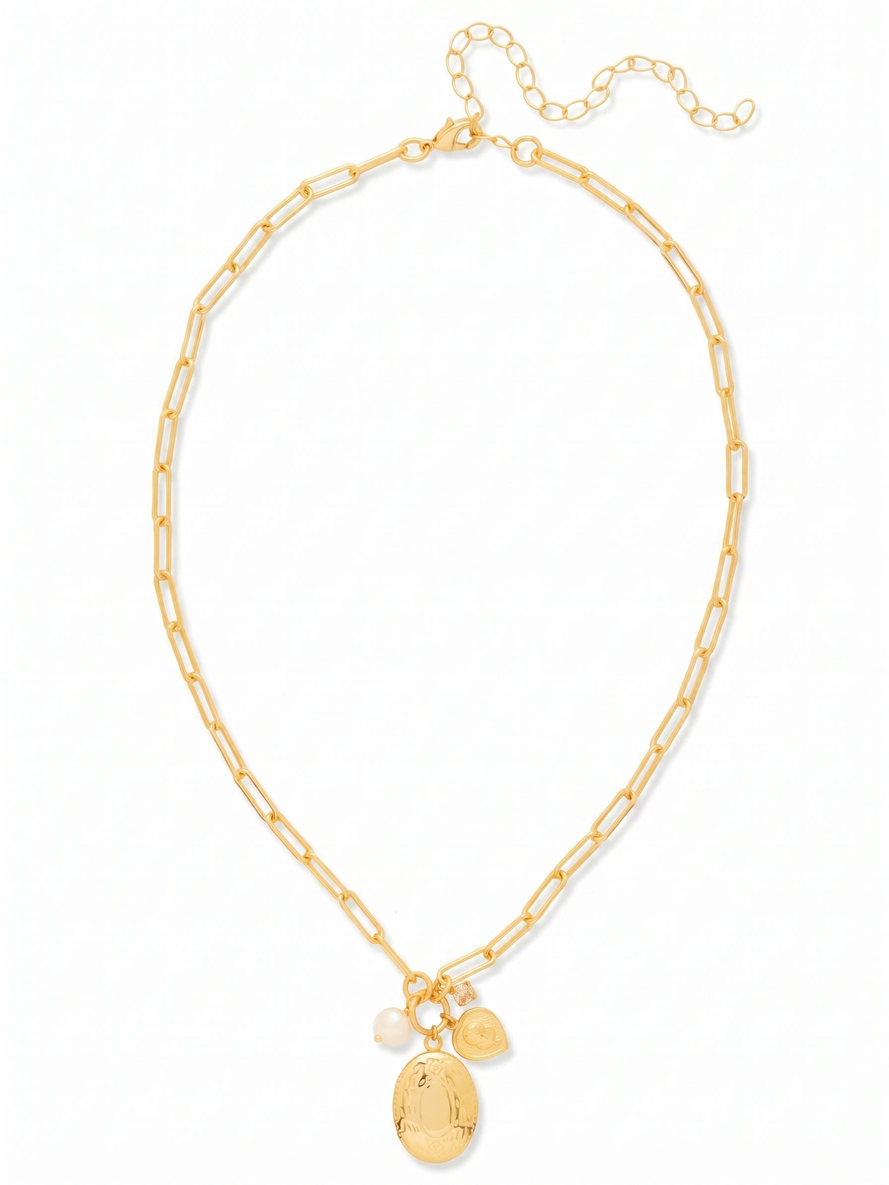 Rosie Locket Pendant Necklace - NGK1BGSIL - <p>An airy paperclip chain gathers a cluster of distinctive charms at the collarbone. An etched locket and a petite heart hang alongside a luminous white baroque pearl, while a single round crystal provides a quiet catch of light. The modern open links of the chain offer a clean counterpoint to the heirloom feel of the pendants. An adjustable extension allows the necklace to find its ideal resting place, whether framed by an open collar or worn over a simple knit.</p><ul>
<li>Clustered center arrangement mixes etched metalwork with a luminous baroque pearl</li>
<li>Airy paperclip chain offers a modern contrast to the vintage-inspired charms</li>
<li>Lobster claw clasp</li>
<li>4-inch adjustable extension chain</li>
<li>Protective e-coat finish for lasting wear</li>
<li>Includes signature organza pouch for gifting and travel</li>
</ul>