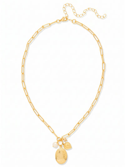 Rosie Locket Pendant Necklace - NGK1BGSIL - <p>An airy paperclip chain gathers a cluster of distinctive charms at the collarbone. An etched locket and a petite heart hang alongside a luminous white baroque pearl, while a single round crystal provides a quiet catch of light. The modern open links of the chain offer a clean counterpoint to the heirloom feel of the pendants. An adjustable extension allows the necklace to find its ideal resting place, whether framed by an open collar or worn over a simple knit.</p><ul>
<li>Clustered center arrangement mixes etched metalwork with a luminous baroque pearl</li>
<li>Airy paperclip chain offers a modern contrast to the vintage-inspired charms</li>
<li>Lobster claw clasp</li>
<li>4-inch adjustable extension chain</li>
<li>Protective e-coat finish for lasting wear</li>
<li>Includes signature organza pouch for gifting and travel</li>
</ul>