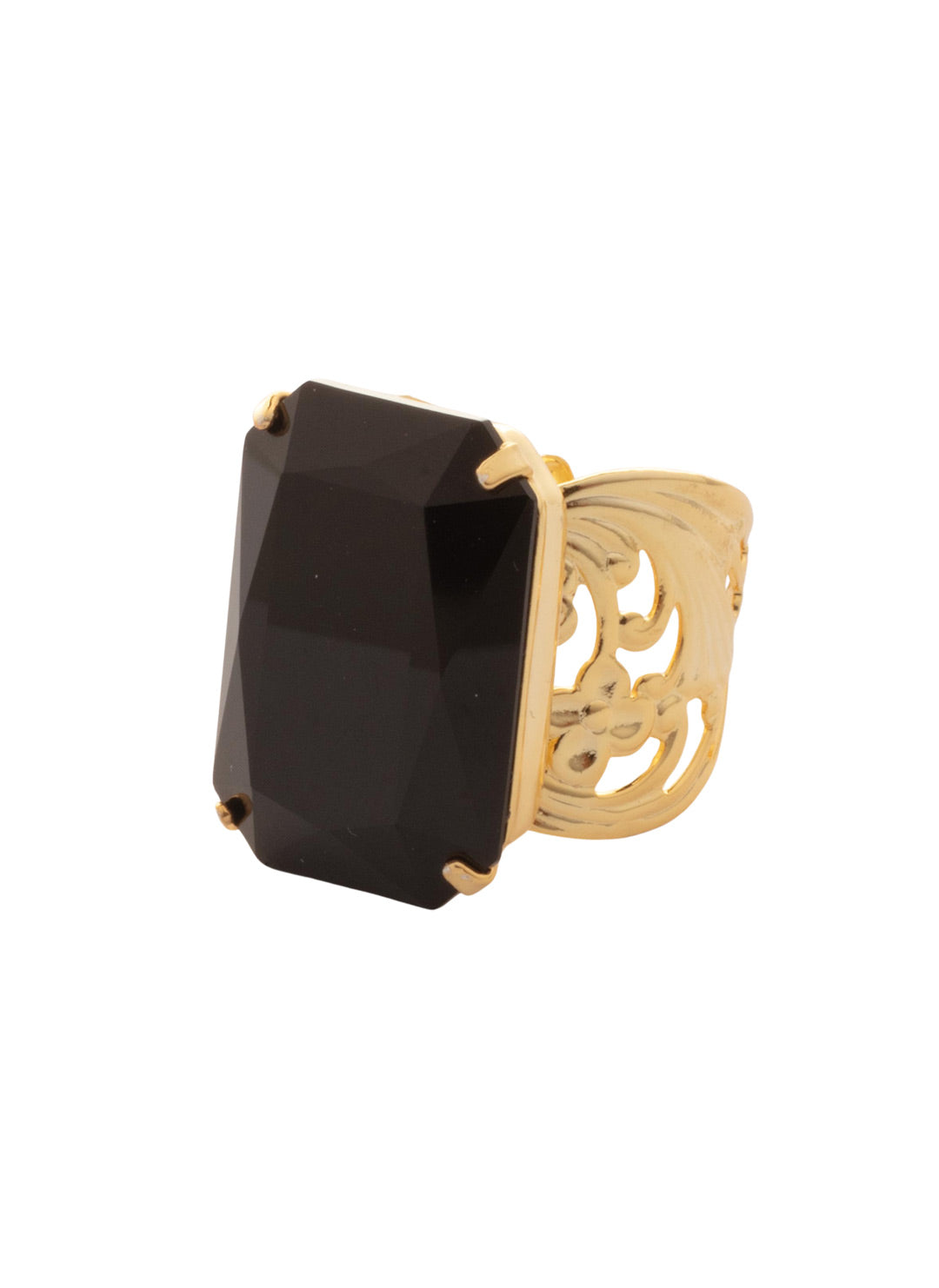 Viretta Cocktail Ring - RBT67BGJET - <p>The Viretta Cocktail Ring features a chunky emerald-cut crystal nestled on an adjustable filagree ring band. Adjustable to fit ring sizes 6-8. From Sorrelli's Jet collection in our Bright Gold-tone finish.</p>