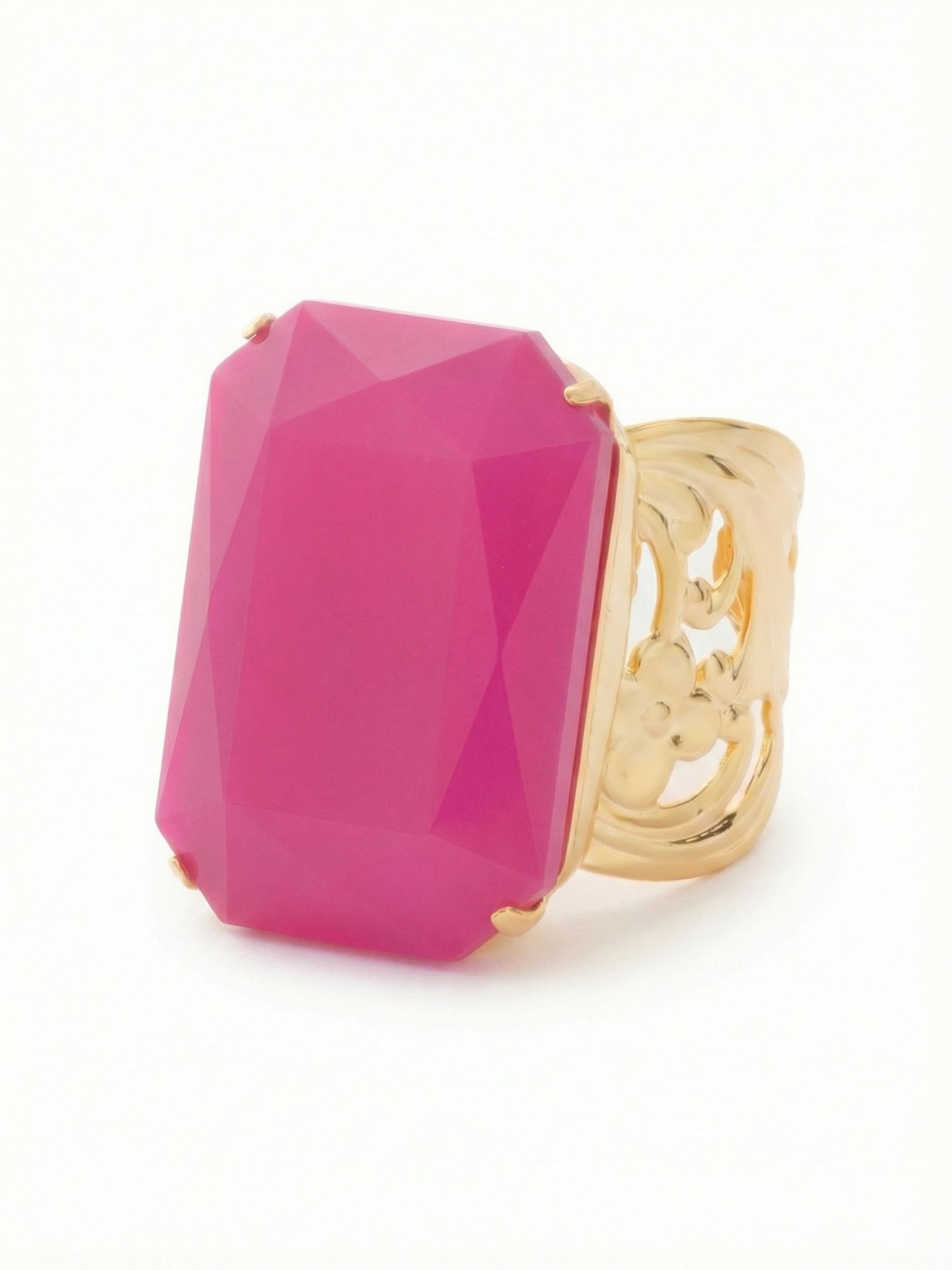 Viretta Adjustable Cocktail Ring - RBT67BGPPL - <p>An oversized emerald-cut stone anchors the hand with a solid block of vivid pink. The opaque lacquer finish highlights the clean, geometric facets while the wide, openwork band provides balance and visual interest from the side. Because fingers naturally swell and shift throughout the day, the open design allows you to adjust the fit exactly to your comfort. It is a substantial piece with serious presence, built to be the focal point of your outfit.</p><ul>
<li>Single oversized emerald-cut stone with an opaque finish</li>
<li>Wide openwork band displaying a subtle floral motif</li>
<li>Adjustable ring band</li>
<li>Protective e-coat finish for lasting wear</li>
<li>Includes signature organza pouch for gifting and travel</li>
</ul>