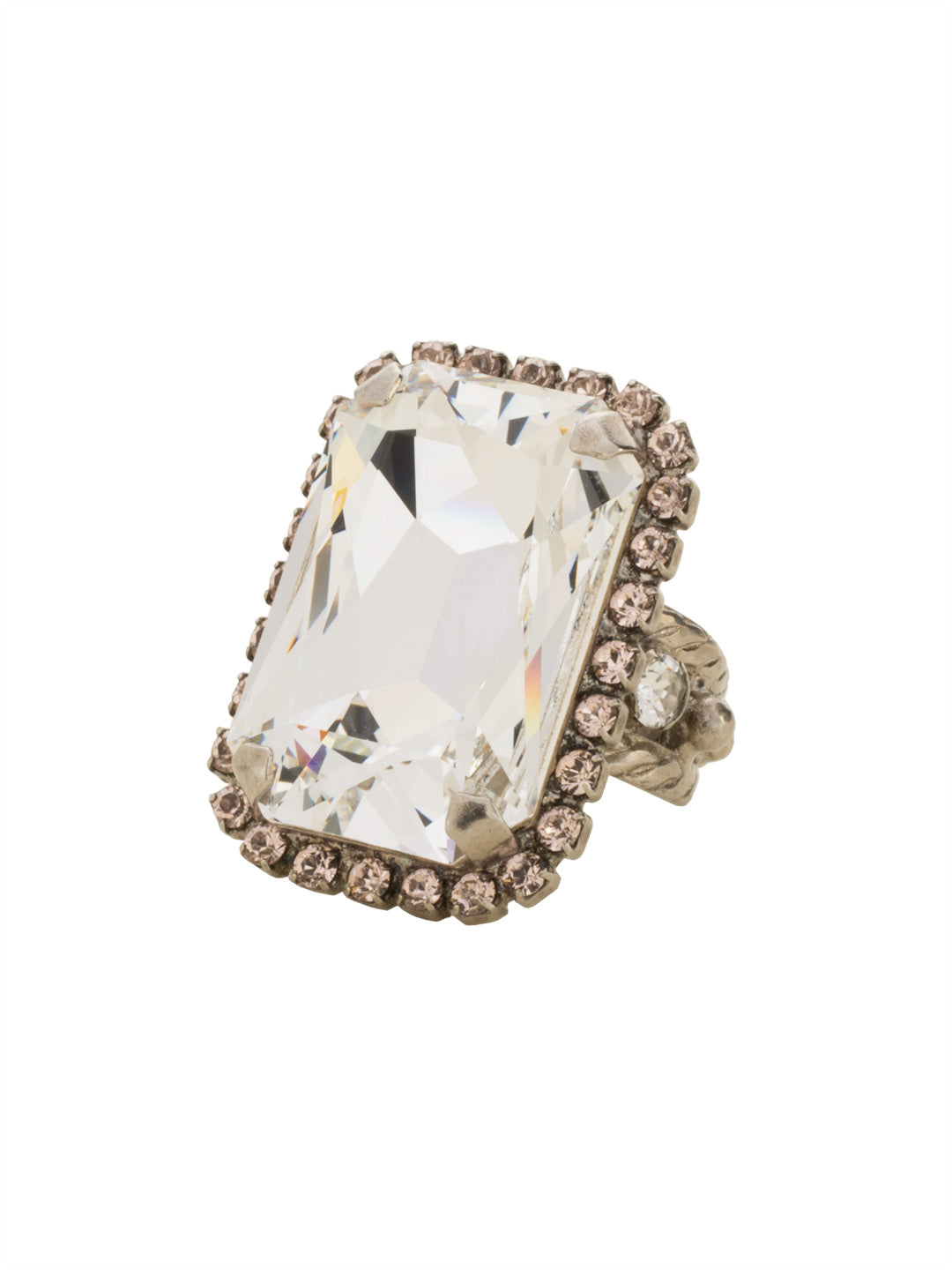 Luxurious Emerald-Cut Cocktail Ring - RBT69ASSNB - <p>Big, bold glamour! The large emerald cut crystal of this cocktail ring will leave all eyes on you! Adjustable to fit ring sizes 6-8. From Sorrelli's Snow Bunny collection in our Antique Silver-tone finish.</p>