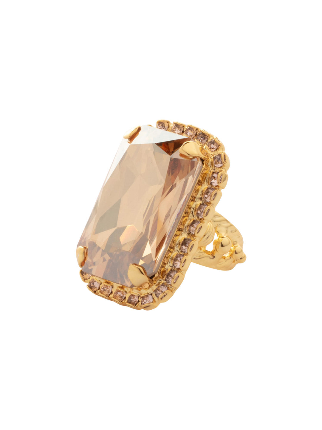 Luxurious Emerald-Cut Cocktail Ring - RBT69BGCHA - <p>Big, bold glamour! The large emerald cut crystal of this cocktail ring will leave all eyes on you! Adjustable to fit ring sizes 6-8. From Sorrelli's Chai Latte collection in our Bright Gold-tone finish.</p>