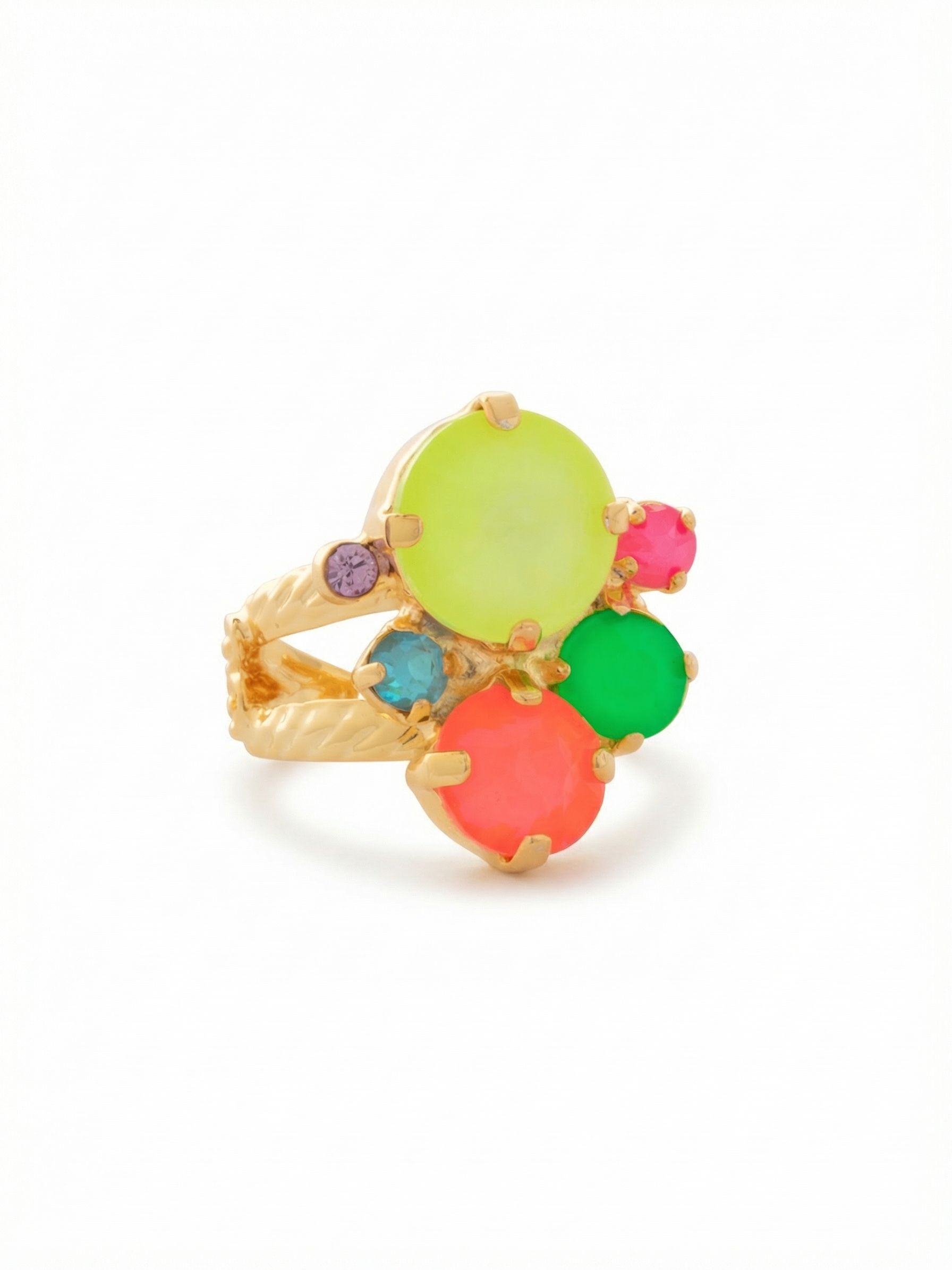 Crystal Assorted Rounds Stacked Ring - RDB11BGCCA - <p>This bubbly bauble features multi-sized round crystals in a cluster pattern atop an intricate braided double band. Adjustable to fit ring sizes 6-8.</p>