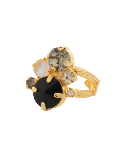 Crystal Assorted Rounds Stacked Ring - RDB11BGSNI - <p>This bubbly bauble features multi-sized round crystals in a cluster pattern atop an intricate braided double band. Adjustable to fit ring sizes 6-8. From Sorrelli's Starry Night collection in our Bright Gold-tone finish.</p>