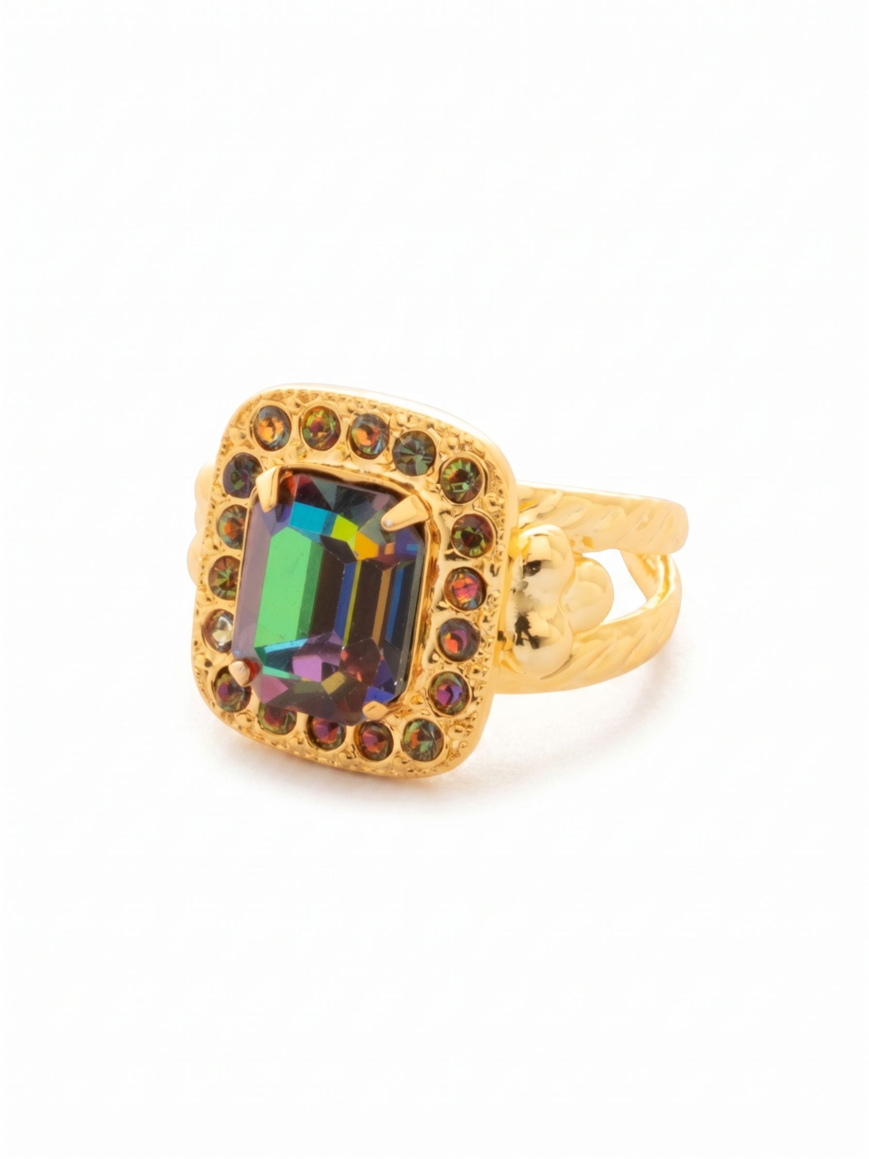 Opulent Octagon Cocktail Ring - RDQ41BGVO - <p>An emerald-cut center crystal anchors this substantial cocktail ring, shifting through deep greens, amethysts, and warm ambers as your hand moves. A tight perimeter of smaller round stones amplifies the iridescence to catch the light from every angle. The textured split band balances the proportion of the centerpiece while tapering beneath the finger for lasting comfort. Built with an open-back design, the ring easily adjusts to fit exactly where you want to wear it.</p><ul>
<li>Emerald-cut center crystal framed by a precise halo of round stones</li>
<li>Textured split-shank band balances the visual weight of the centerpiece</li>
<li>Adjustable ring band</li>
<li>Protective e-coat finish for lasting wear</li>
<li>Includes signature organza pouch for gifting and travel</li>
</ul>